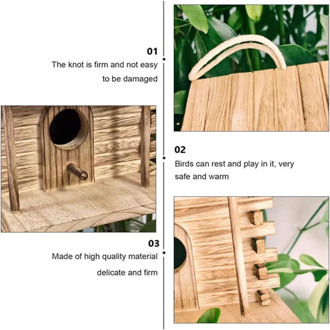 AIMALL Outdoor Wooden Bird House Nest &ndash; 7.08In Hanging Solid Wood Breeding Box for Parrots, Finches, Sparrows, Garden Aviary, Rustic Natural Bird Shelter image number 1