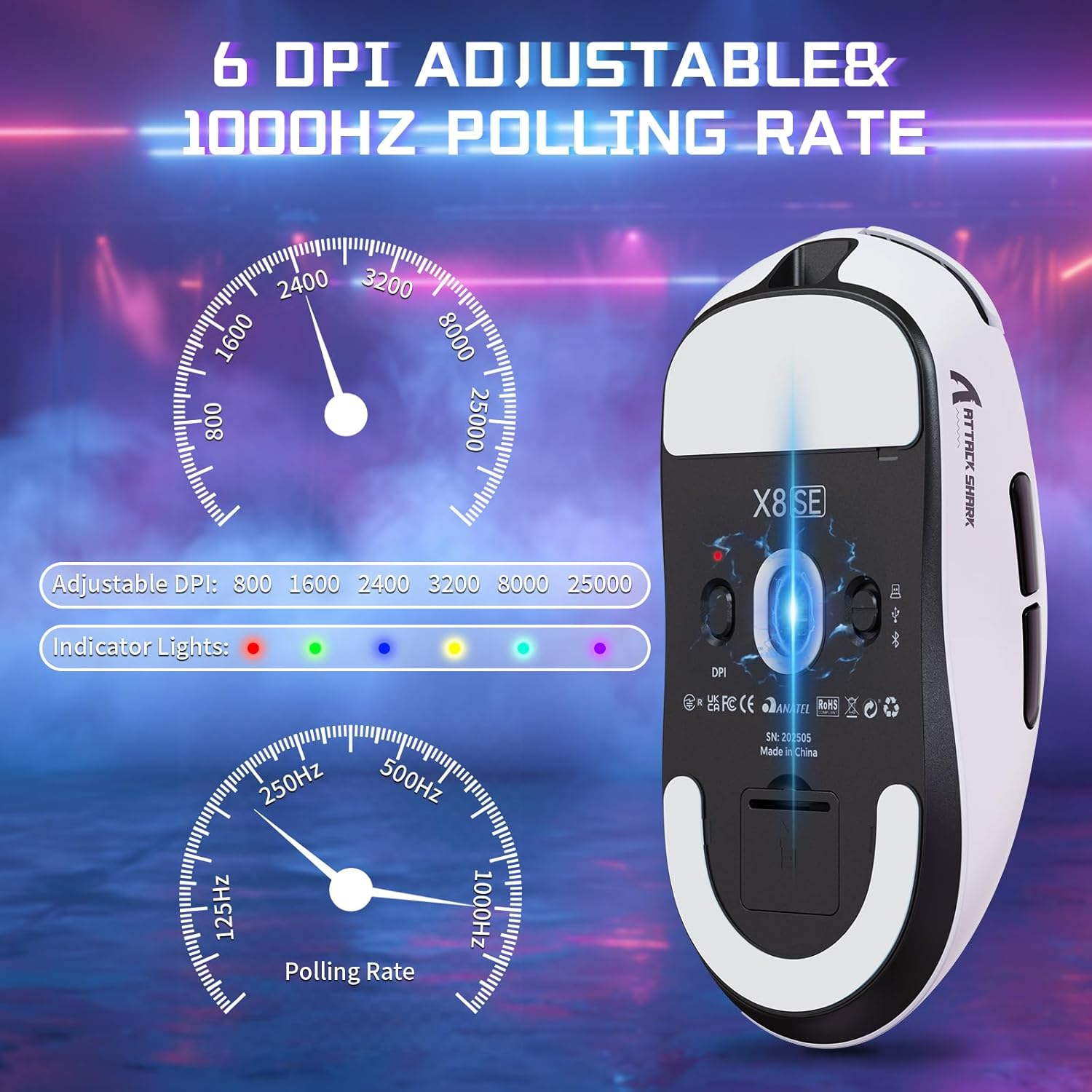 ATTACK SHARK X8SE Wireless Gaming Mouse,Adjustable 25K DPI PAW3311 Optical Sensor,Ergonomic 59G Lightweight,Triple Modes 2.4G/Bt/Usb-C,500Mah Battery,5 Programmable Buttons for Pc/Mac-White&Griptape - Berry Red image number 7