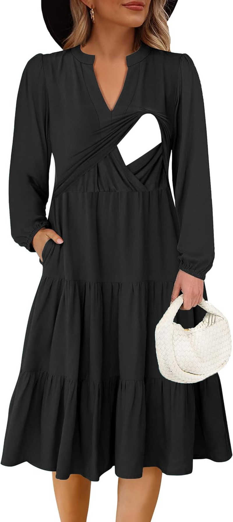 Womens Nursing Midi Dress Breastfeeding Long Sleeve V Neck Fall Fashion Tiered with Pockets