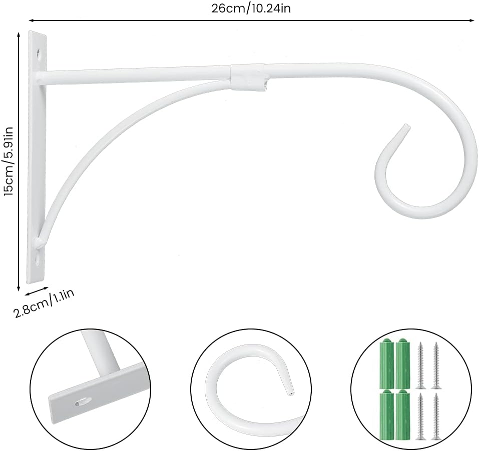 2 Pcs Hanging Basket Holder Flower Hook, Hanging Plant Hooks, Iron Art Garden Wall Hook, Plants Bracket, Outdoor Plants Hanger for Plant Flower Pots Lanterns Bird Feeders (White)