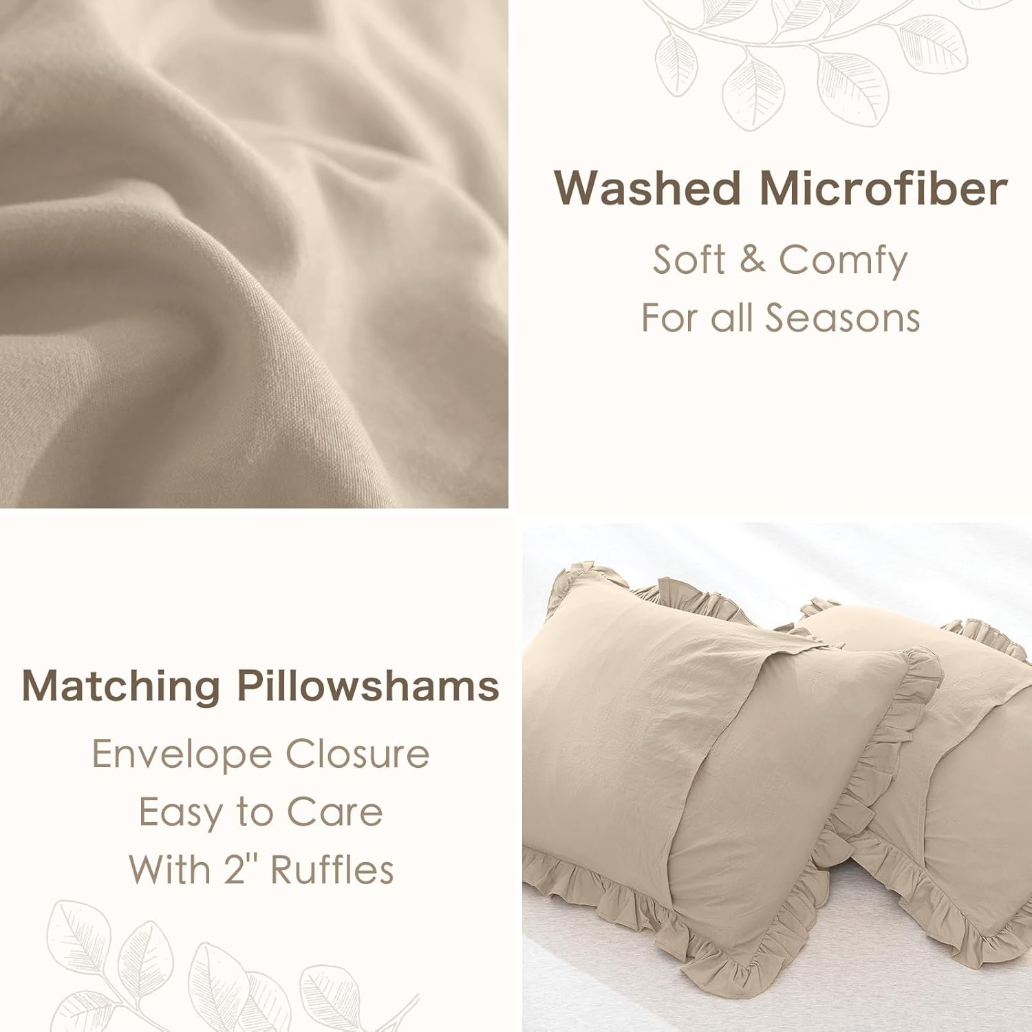 Masaca Ruffled Comforter Set Queen,3-Piece Farmhouse Shabby Boho Chic Bedding,Ultra Soft Linen Feel Textured Bed Comforter Set (1 Ruffle Comforter+2 Pillow Shams) image number 4