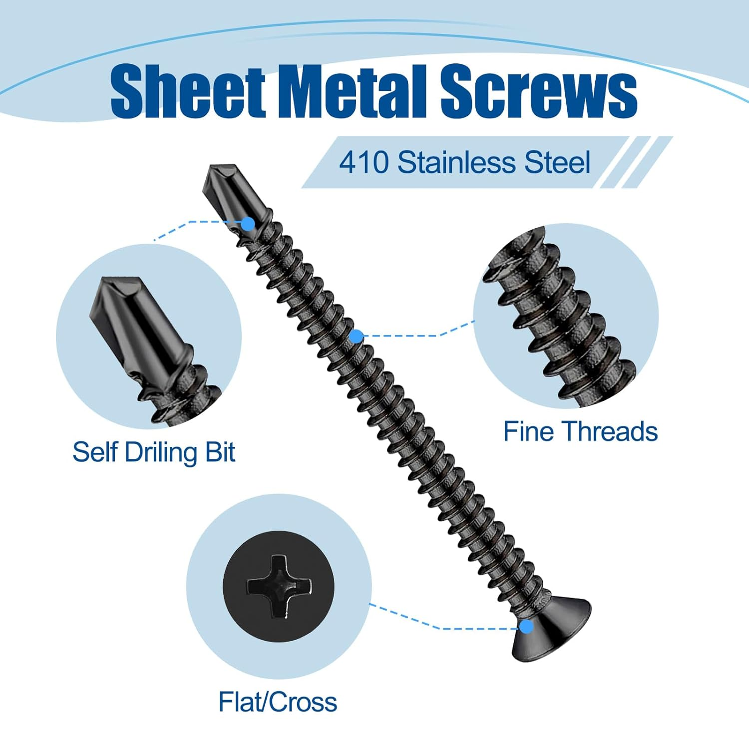 #8&times;3/4&Prime; Sheet Metal Screws 300Pcs, 410 Stainless Steel Black Flat Head Self Drilling Screws