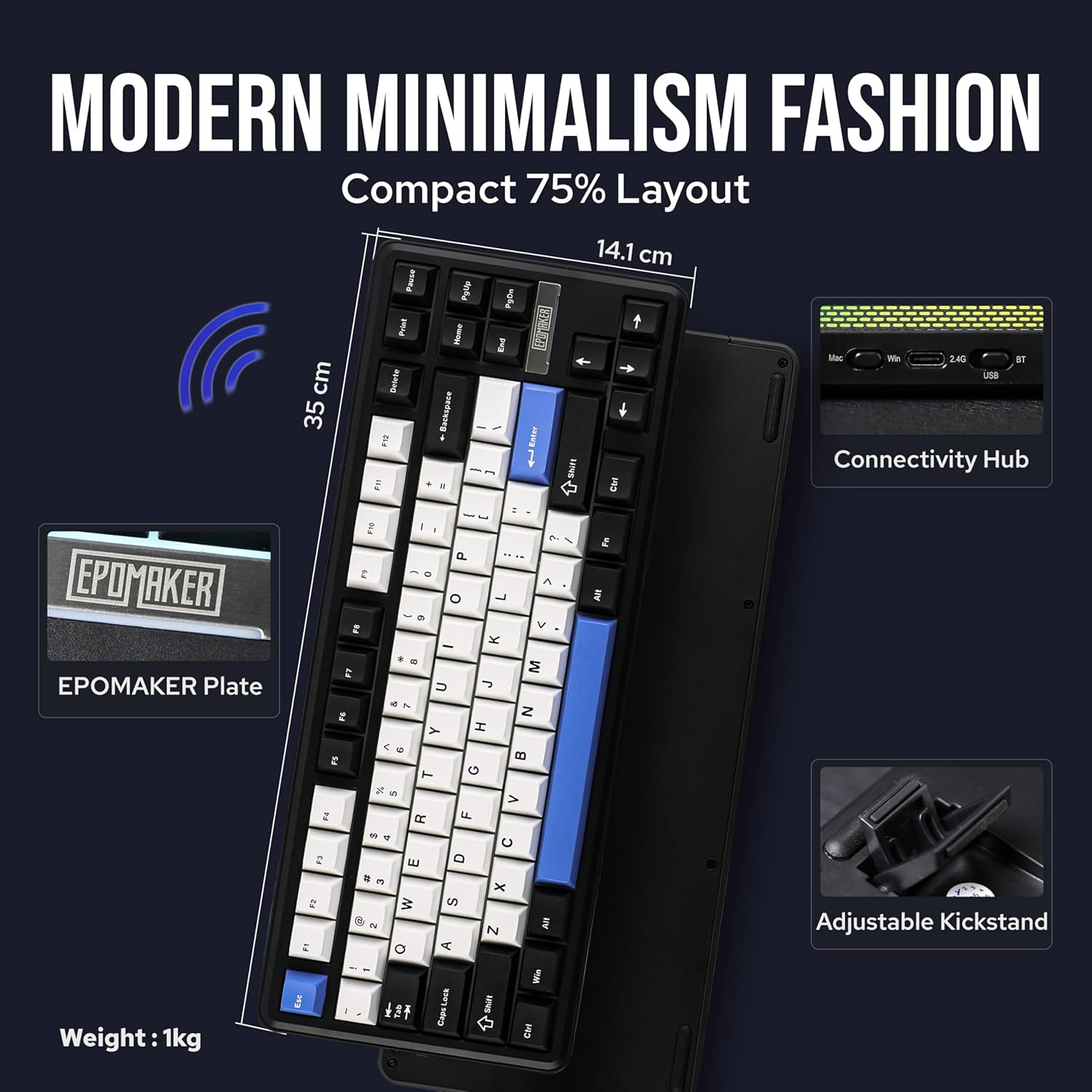 EPOMAKER TH85 QMK/VIA Wireless Mechanical Keyboard, Usb/2.4Ghz/Bluetooth Gaming Keyboard, Hot Swappable Custom Keyboard, Gasket Creamy Keyboard for Pc/Mac/Office/Gaming (Black&White&Blue) - Black image number 2
