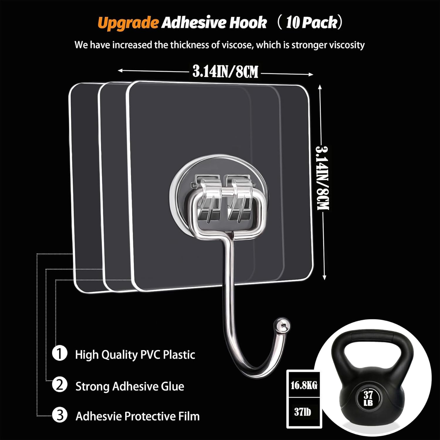 HANGMAI 10-Pack Large Adhesive Hooks, Heavy Duty 37Lbs, No Damage, Waterproof, Stainless Steel & Acrylic, Kitchen, Bathroom, Office, Outdoor