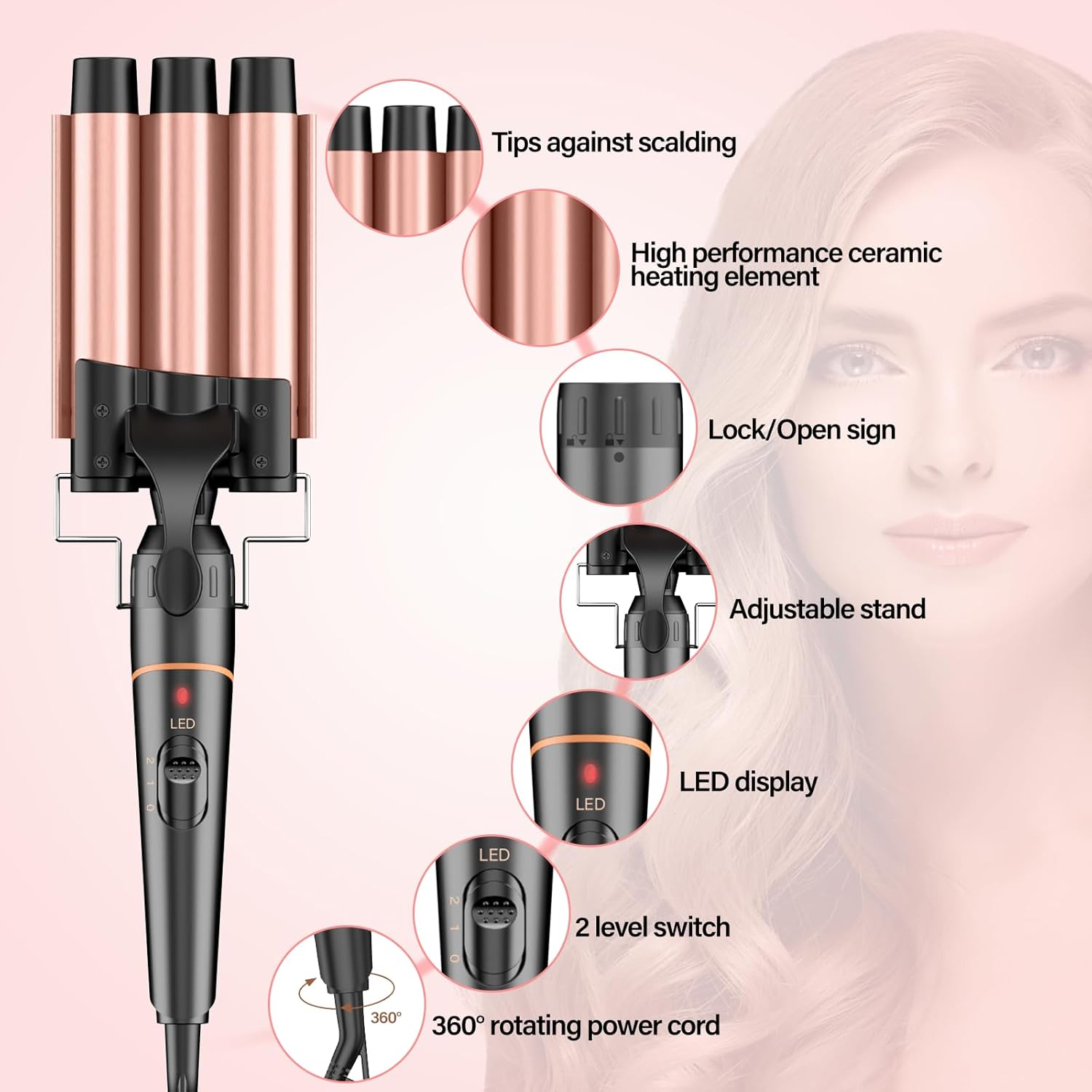 BESTOPE PRO Curling Iron Set 5 in 1 3 Ceramic Barrels for Large Curls and Waves Fast Heating, 2 Temperature Levels, Curlers with Glove and 2 Clips, Anti-Frizz Double Voltage