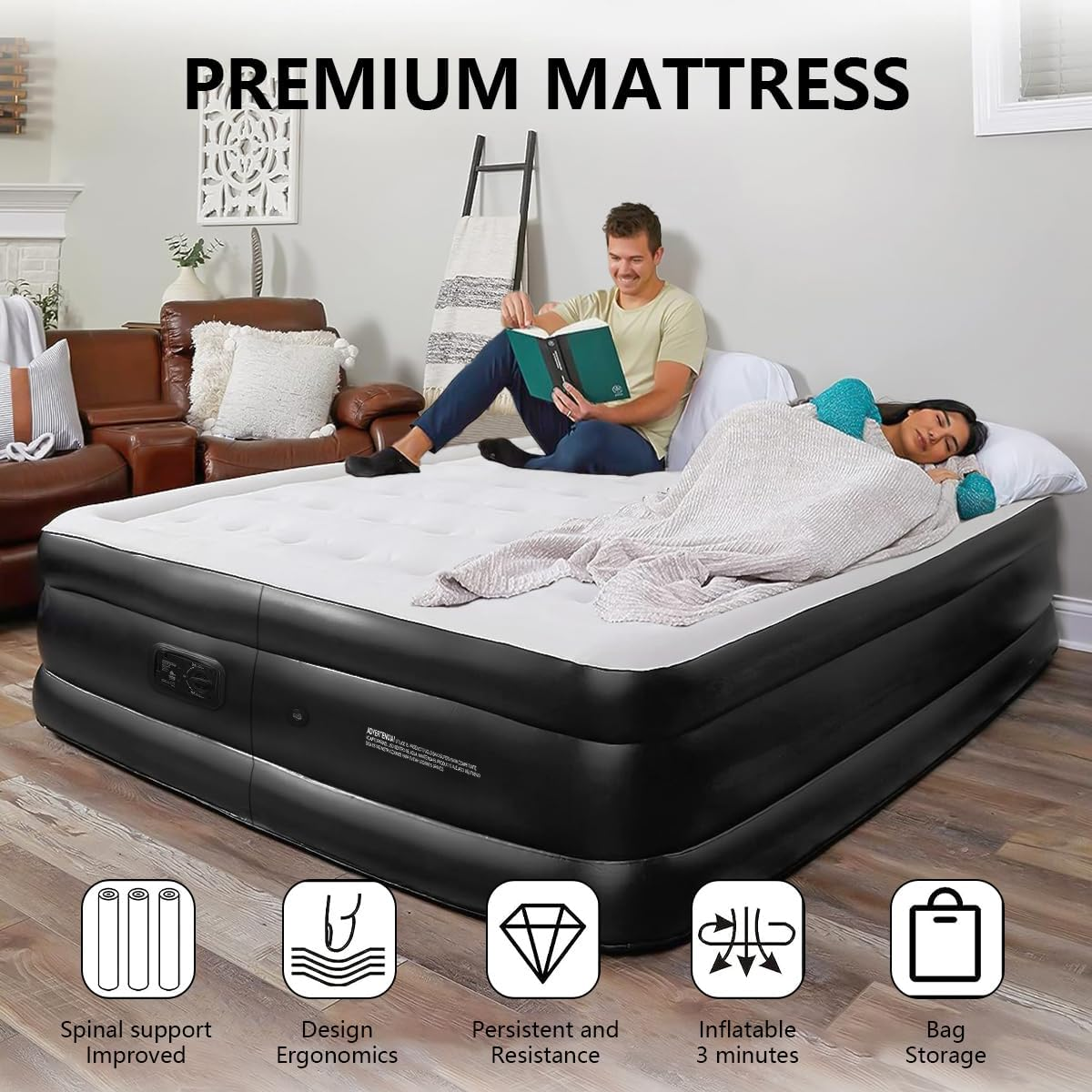 Queen Size Air Mattress,Built-In Air Pump,Automatic Inflating/Deflating PVC Waterproof Material,Skin-Friendly Flocking Surface,203&times;152&times;47Cm,300Kg MAX, Suitable for Family Camping image number 2