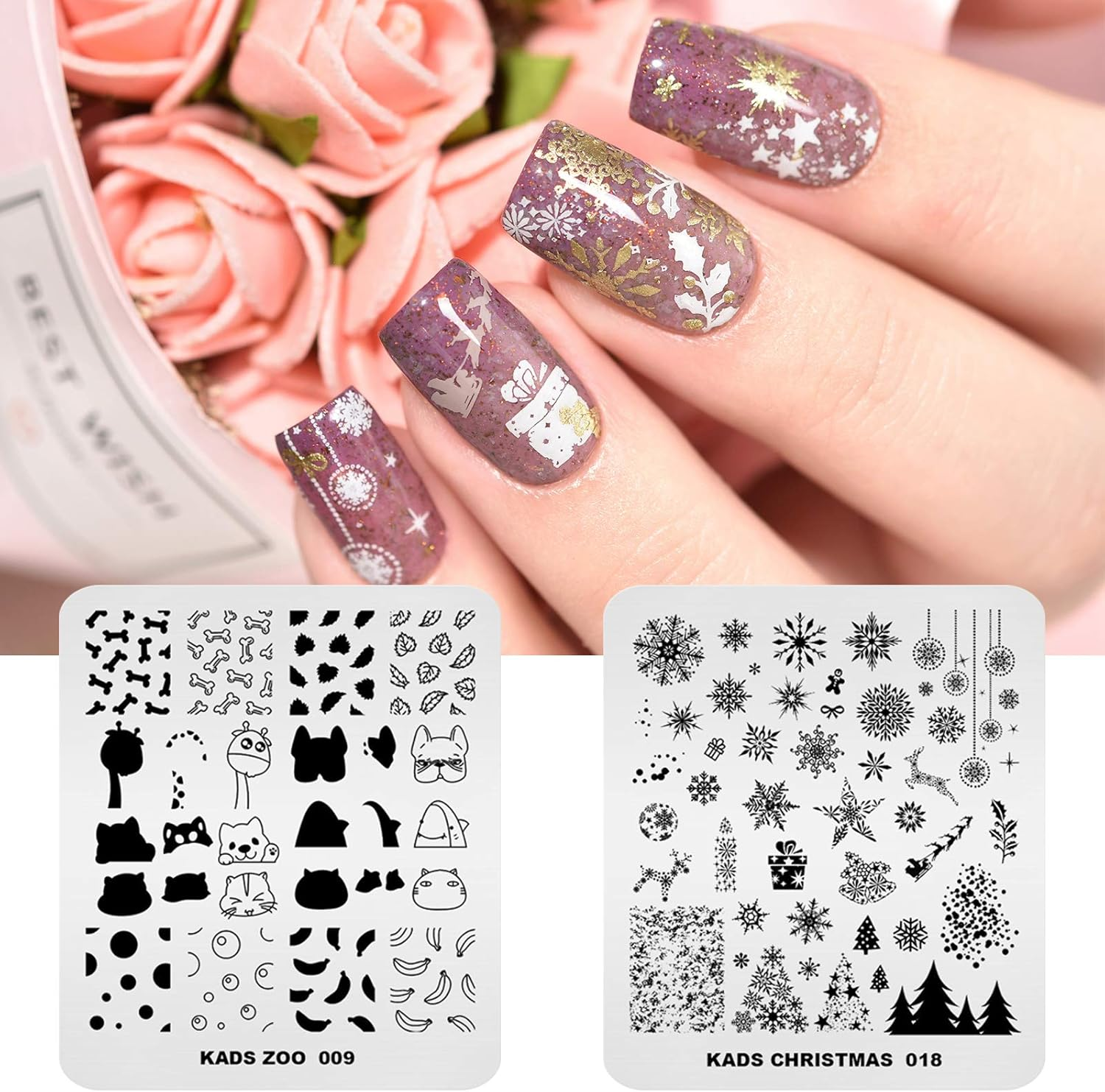 KADS 11Pcs Nail Stamp Plates Set 10 Plates Christmas Snowflakes Cute Animals+ 1 Laser Symphony Storage Bag Christmas Nails Art Stamping Plate Set Leaves Flowers Animal Nail Plate Template Image Plate image number 2