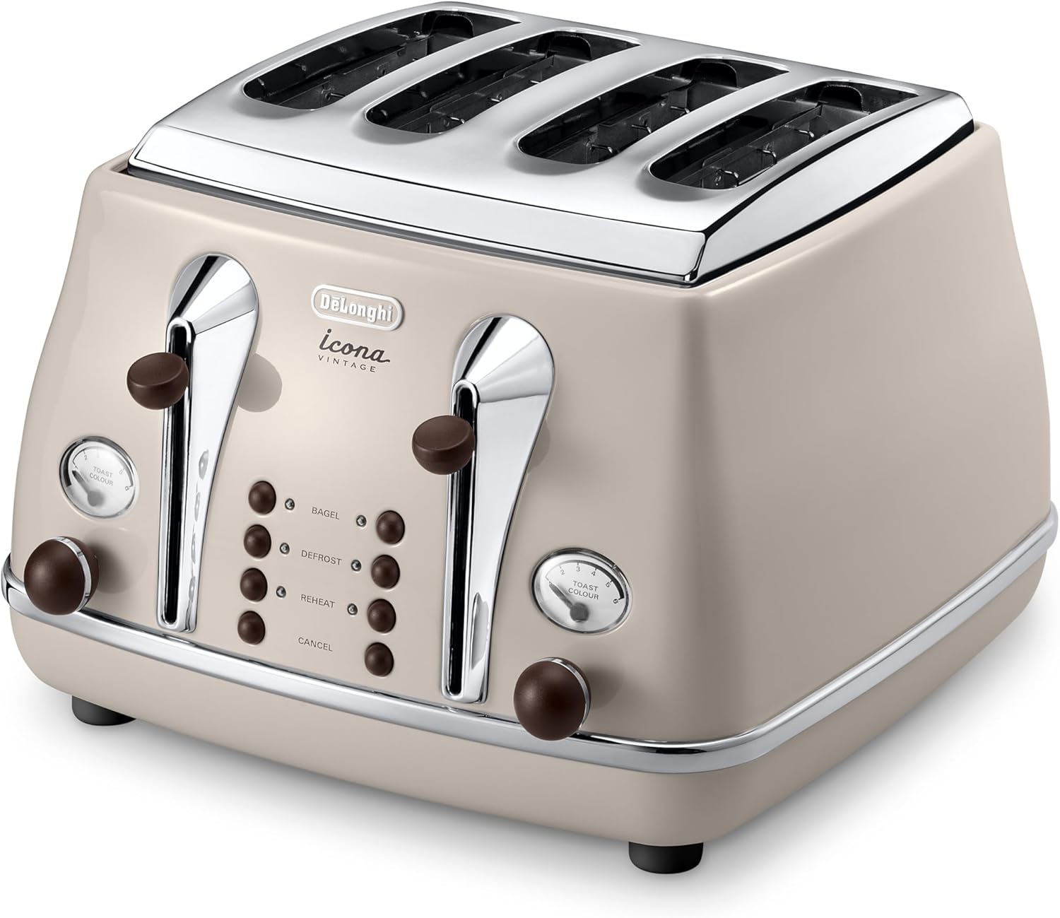 De'Longhi Icona Vintage Kettle and Toaster Pack KBO-CTO.VBG, 4 Slice Toaster with Reheat and Defrost Functions, 6 Browning Levels plus 1.7L Capacity Electric Kettle with Anti-Scale Filter, Beige