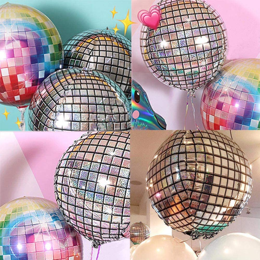 12PCS 22 Inch Disco Laser Ball Balloon 4D Large Silver Inflatable Sphere Hangable Self-Sealing Aluminum Foil Metallic Mirror Balloon for Dance Party Birthday Wedding Baby Shower Decorations