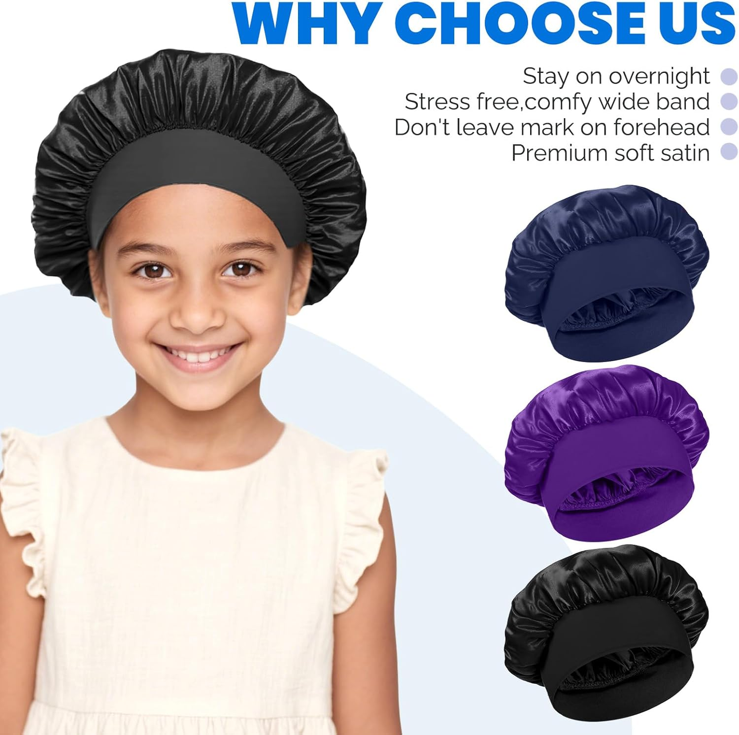LXUEJEI 3 Pcs Bonnet for Kids, Kids Bonnets for Girls, Satin Silk Hair Bonnet for Sleeping, Soft Wide Band Sleep Cap for Curly Hair Braids Shower Caps for Teens Child Toddler(Blue, Purple, Black) - Black, Pink, Burgundy image number 7