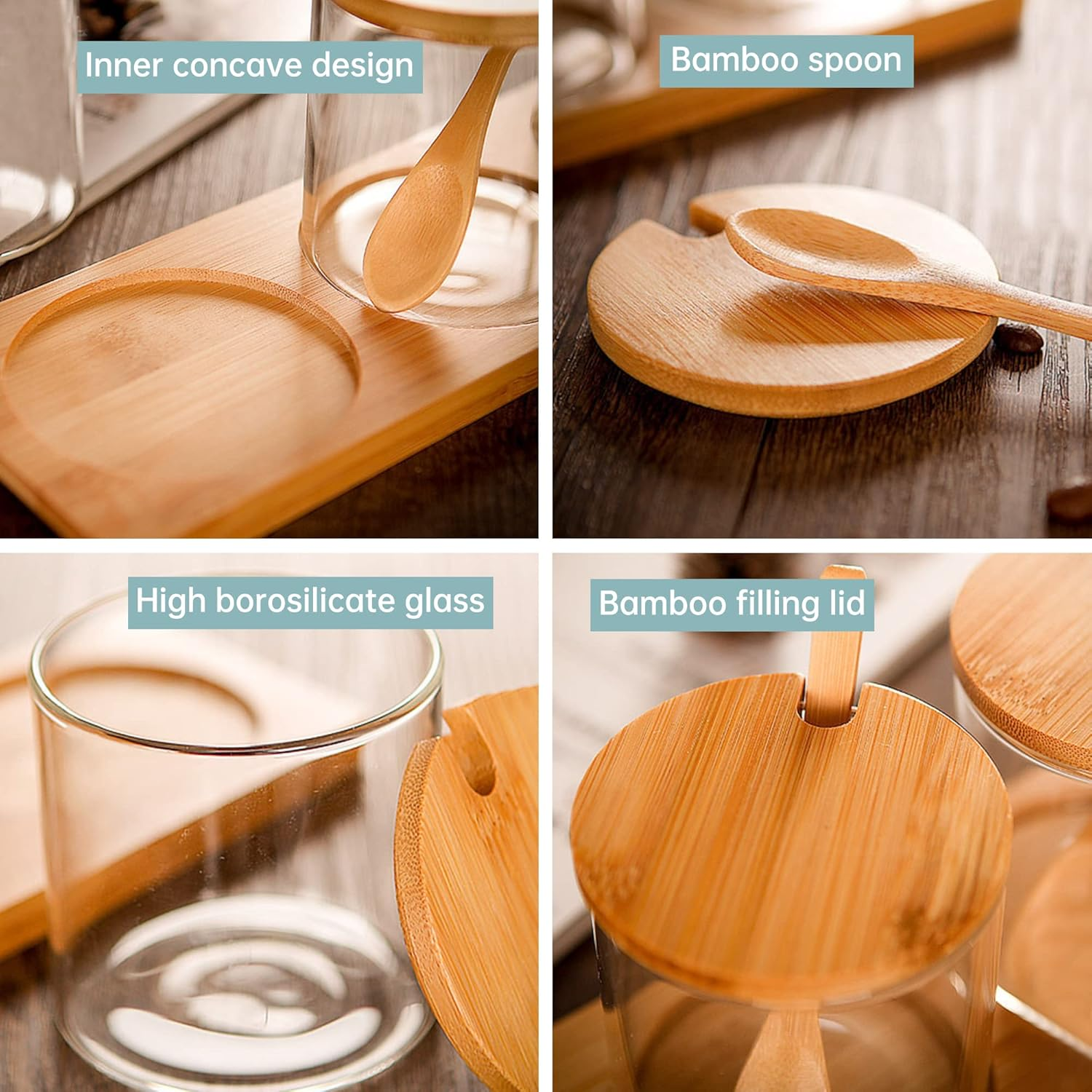 Incifuerza 3 Pack Rustic Condiment Jars with Rack, Glass Seasoning Box with Bamboo Lid, Seasoning Canister Set with Wooden Spoon and Bamboo Base image number 2