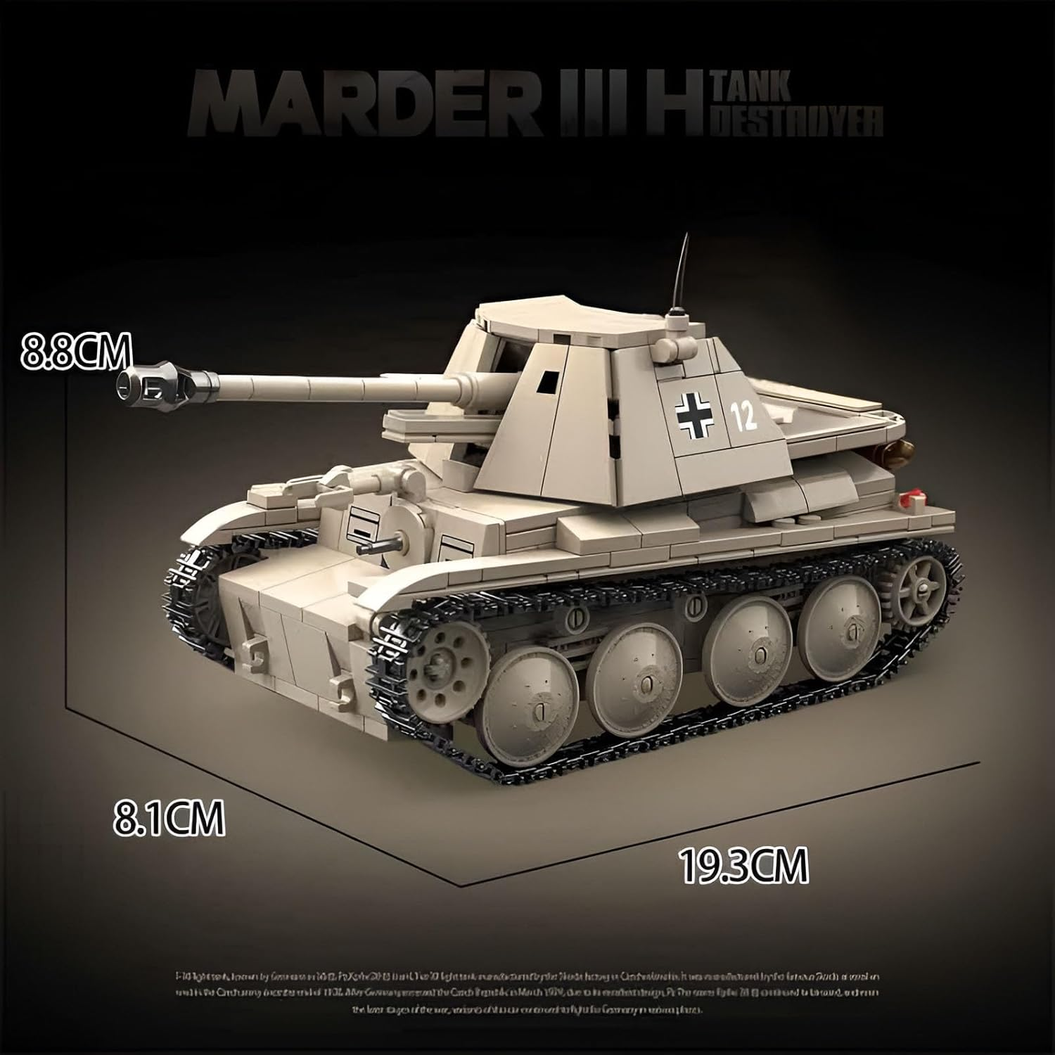 Fuleying Military Building Blocks Kit, Marten III H Tank Destroyer Clamping Blocks, 661 Pieces WW2 German Army Armoured Tank Vehicle Model Toy for Adults Children from 10 Years image number 3