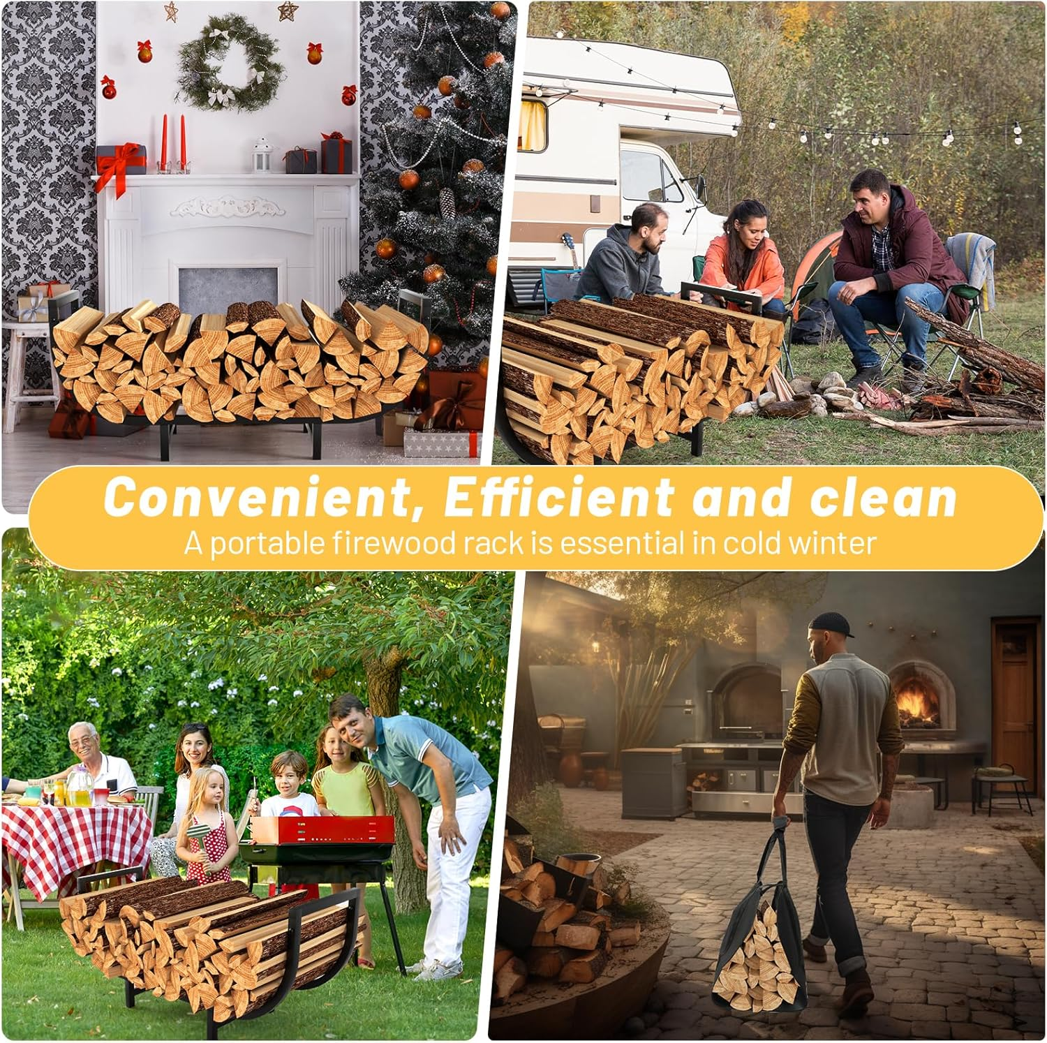 Firewood Rack Indoor with Log Carrier - 34Inch Fireplace Wood Holder, Black Outdoor Firewood Storage Organizer, Heavy Duty Log Holder for Fireplace, Patio Deck, Wood Carrier Tool image number 3