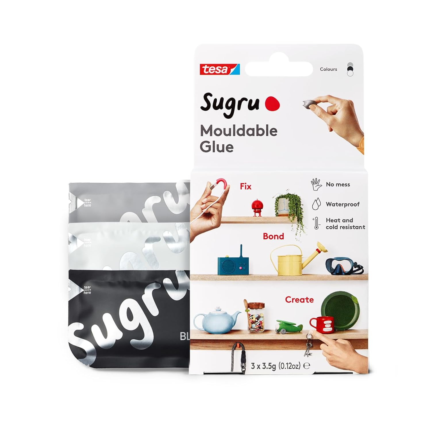 Sugru by Tesa - All Purpose Super Glue, Moldable Craft Glue for Indoor & Outdoor - Adhesive Glue for Creative Fixing, Repairing, Bonding & Personalizing - 3 Pack - Black, White & Gray (3.5G/Ea) image number 2
