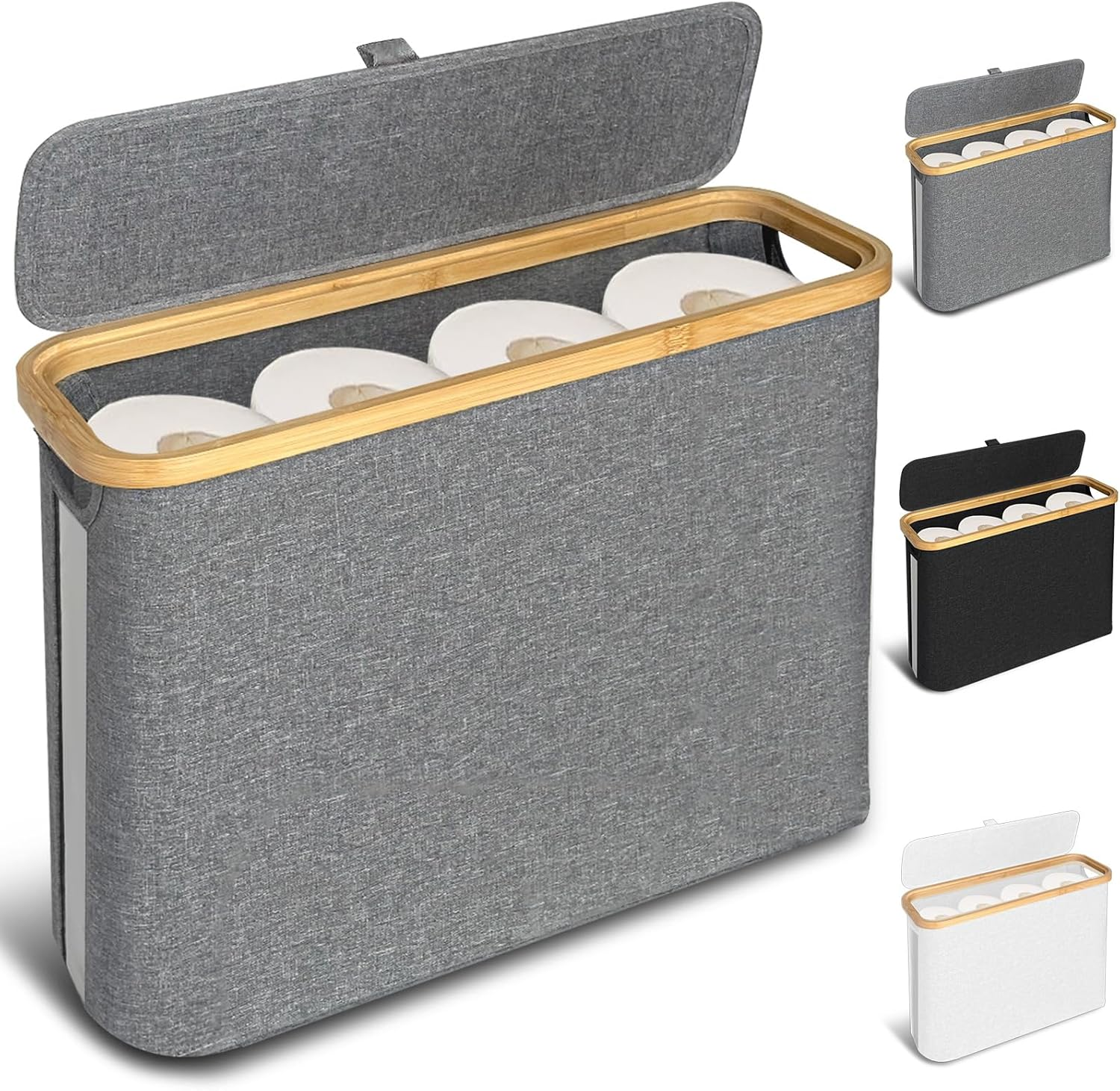 FYL Toilet Roll Storage, Toilet Paper Storage, Portable Foldable Water-Repllent Bamboo Toilet Paper 12 Rolls Holder Storage with Handle for Bathroom (White)