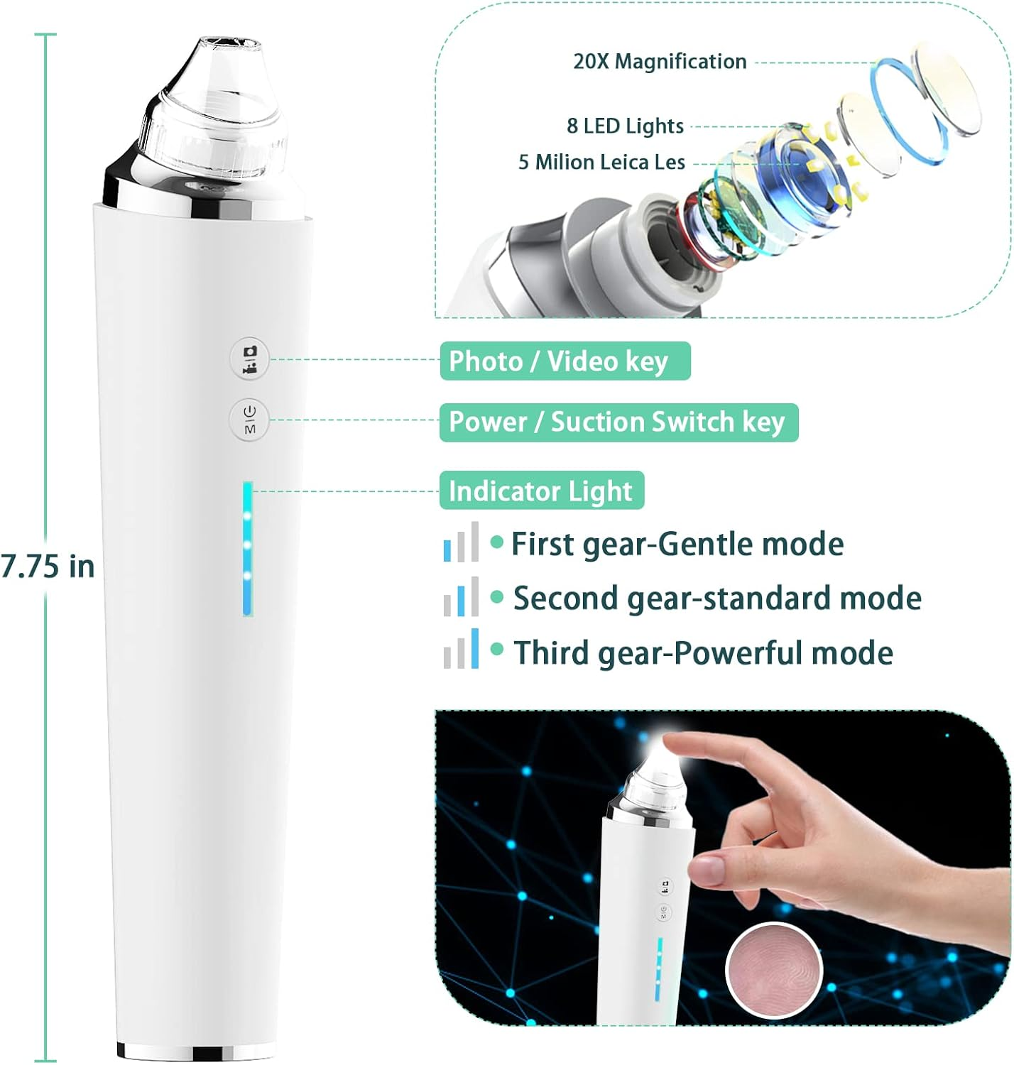Blackhead Remover Pore Vacuum with Camera, Black Head Remover Suctioner 3 Suction Power & 6 Probes, Wifi Real-Time Skin Screen,Upgraded Pimple Vacuum Acne Comedone Extractor - Green image number 7