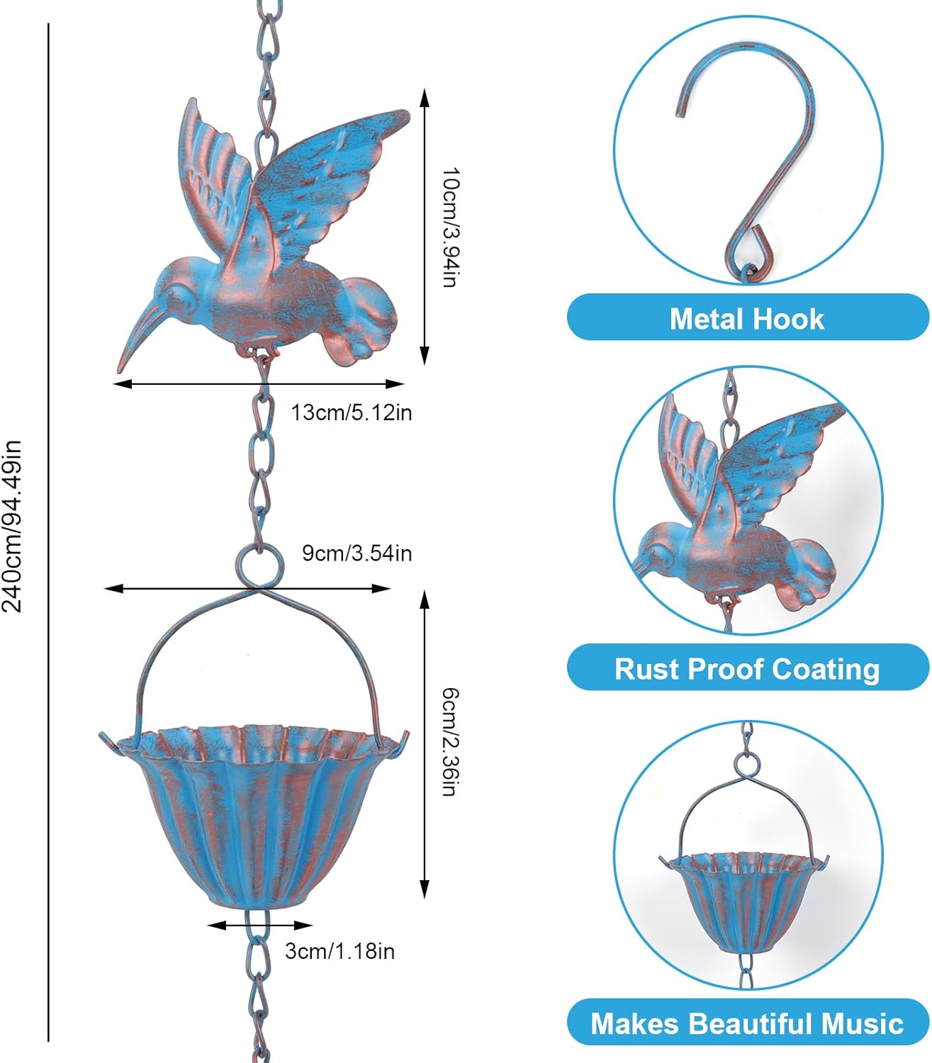 Ruaizel 7.8FT Rain Chains for Gutters, Hummingbird Rain Catcher, Outdoor Rain Chain,Metal Catcher Chain for Outside, Hanging Decorations for Patios (Blue) image number 4