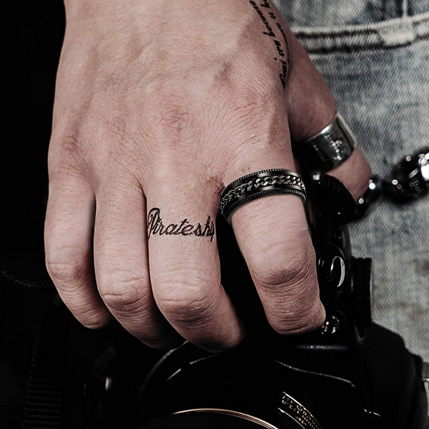 LIAN Stainless Steel Spinner Rings for Men Women Fidget Rings Chain Ring Band Rings 8Mm Black/Silver 6-13 image number 3