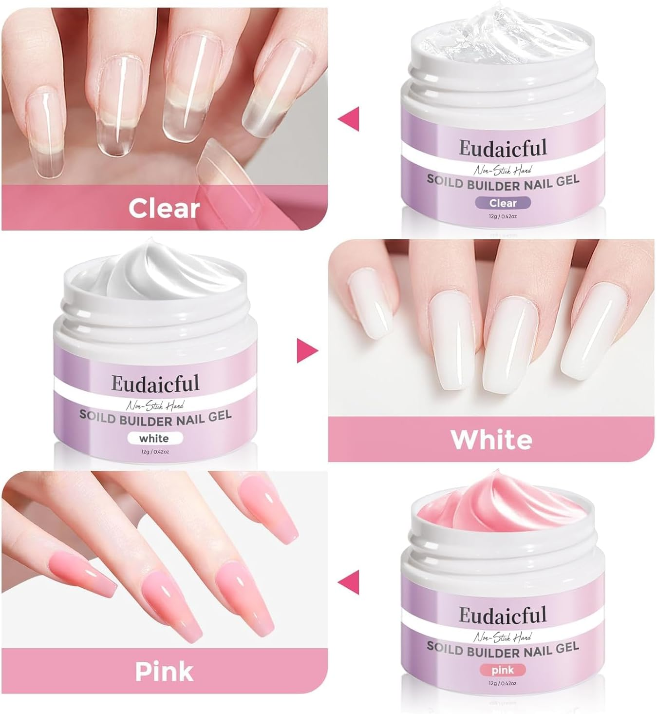 Eudaicful Solid Builder Nail Gel Kit: 3 Colors Clear Pink White 3D Sculpting Nail Gel Non-Sticky Hand Carving Gels Hard Gels U V/LED Extension with Silicone Pen Nails Forms Beginner DIY image number 6