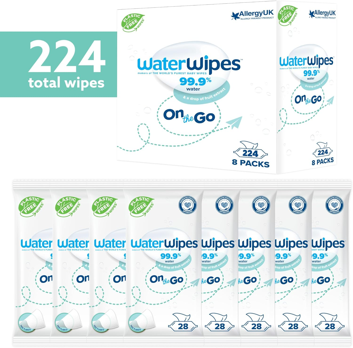 Waterwipes on the Go 8X28Pk Multipack, Ideal for Travel, Designed for Face & Body, 99% Water-Based Wet Wipes image number 1