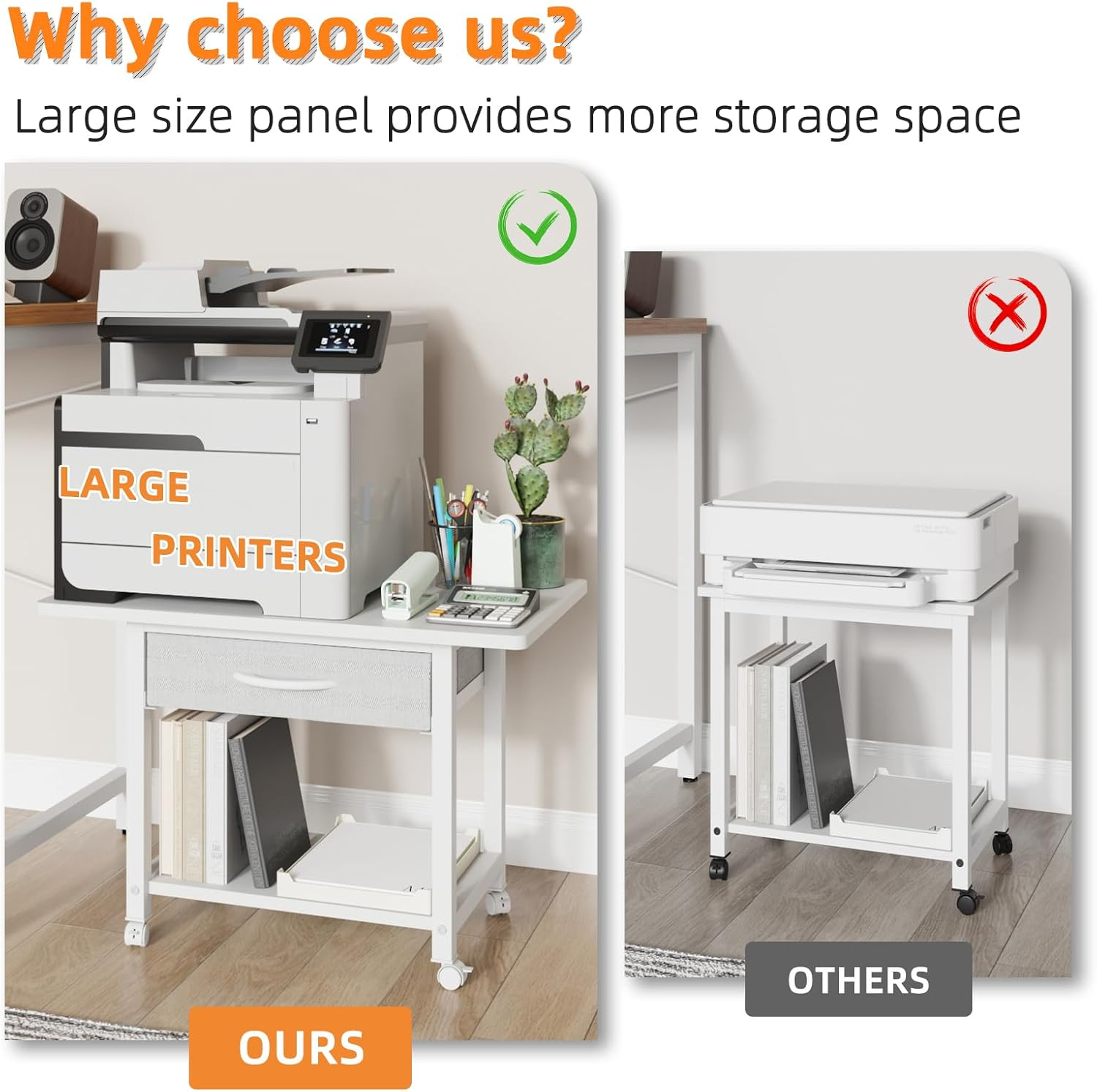 YAOHUOO 22"X15" Large Printer Stand with Storage Drawer, 2-Tier under Desk Printer Table for Home Office, Printer Cart Fit Fax Machine/3D Printer/Scanner(White) image number 5