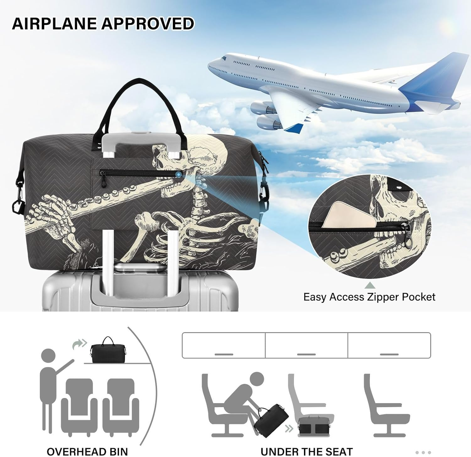 QGBYMX Skeleton Long Horn Travel Duffel Bag, Gym Bags with Multiple Interior Pockets for Men Women Toiletry Purse Included 20.5&rdquo;X 1.9&rdquo; X 13.8&rdquo;, Multi, One Size, Multi, One Size image number 4