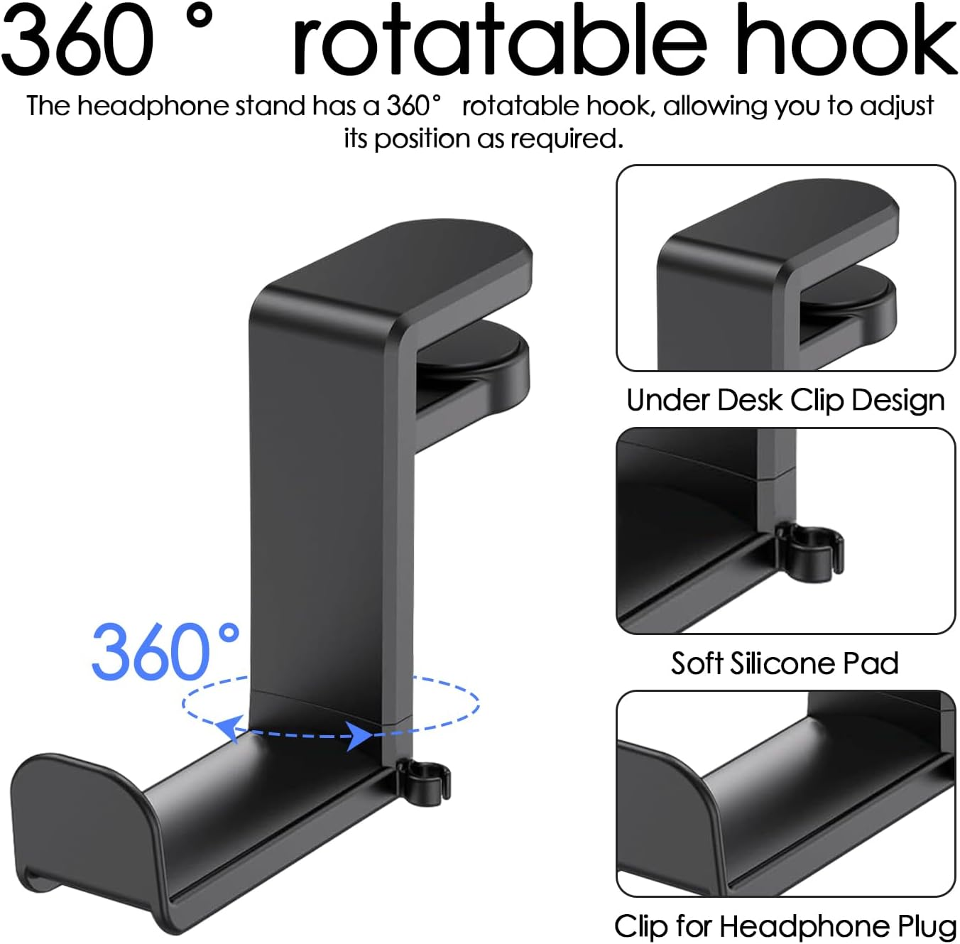 Headphone Stand, Desk Clamp for Headphone Holder with 360&deg; Swivel Hook, Adjustable Desk Clamp for Headset Holder, Suitable for All Headset Models (Black) image number 5