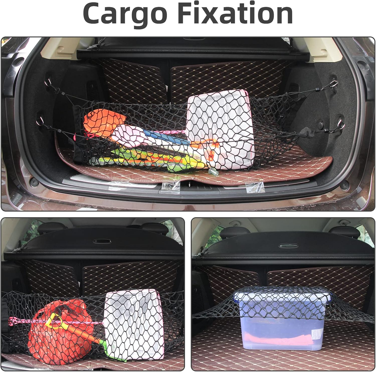HOMEE Cargo Net Set, 2 Packs Adjustable Mesh Cars Trunk Net and Elastic Trunk Net Bag between Seats Universal Car Cargo Storage Organizers with Hooks for Pick-Up/Jeep/Suv, Full Black