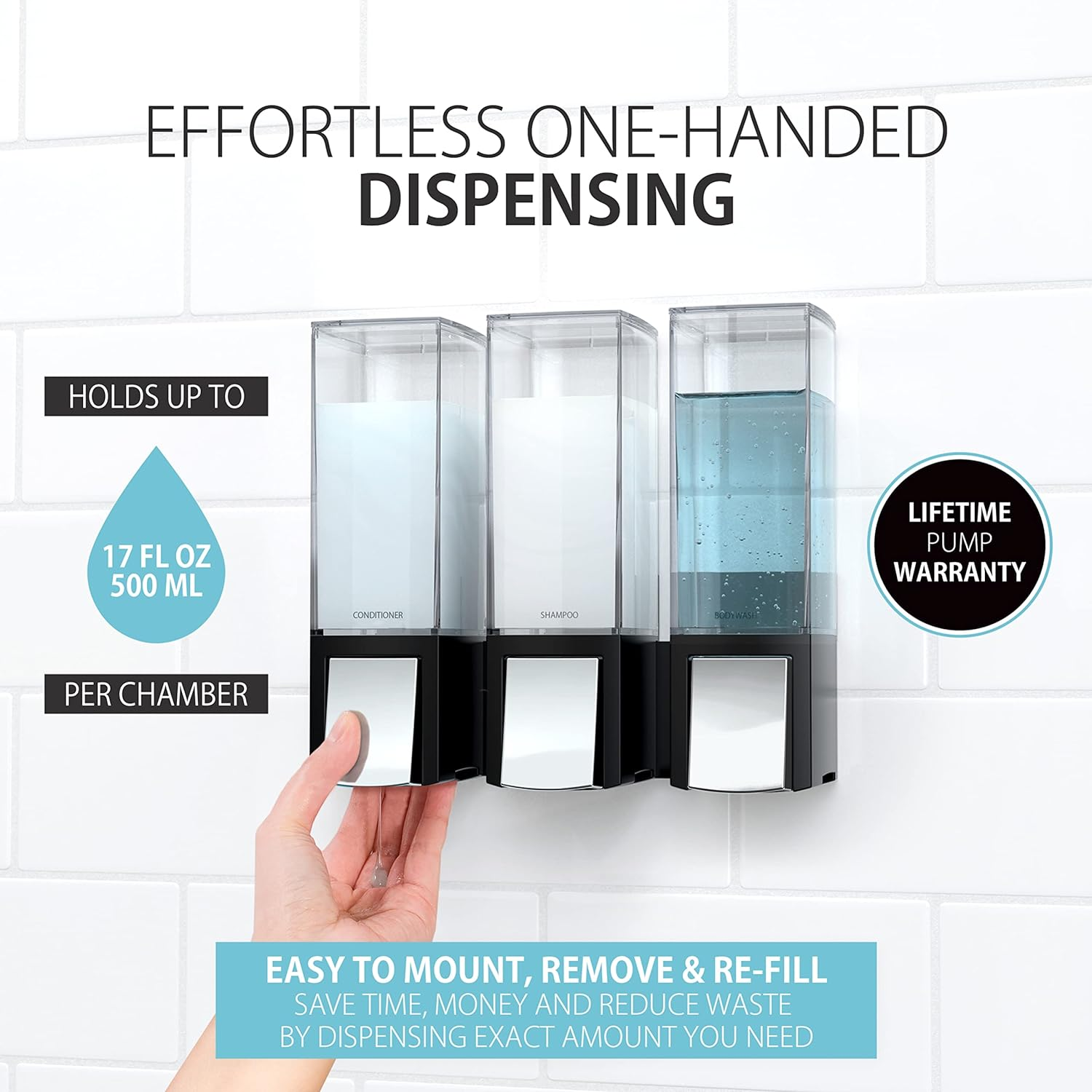 Better Living Products 77384 Clever Soap and Shower Triple Dispenser, Black/Chrome image number 7