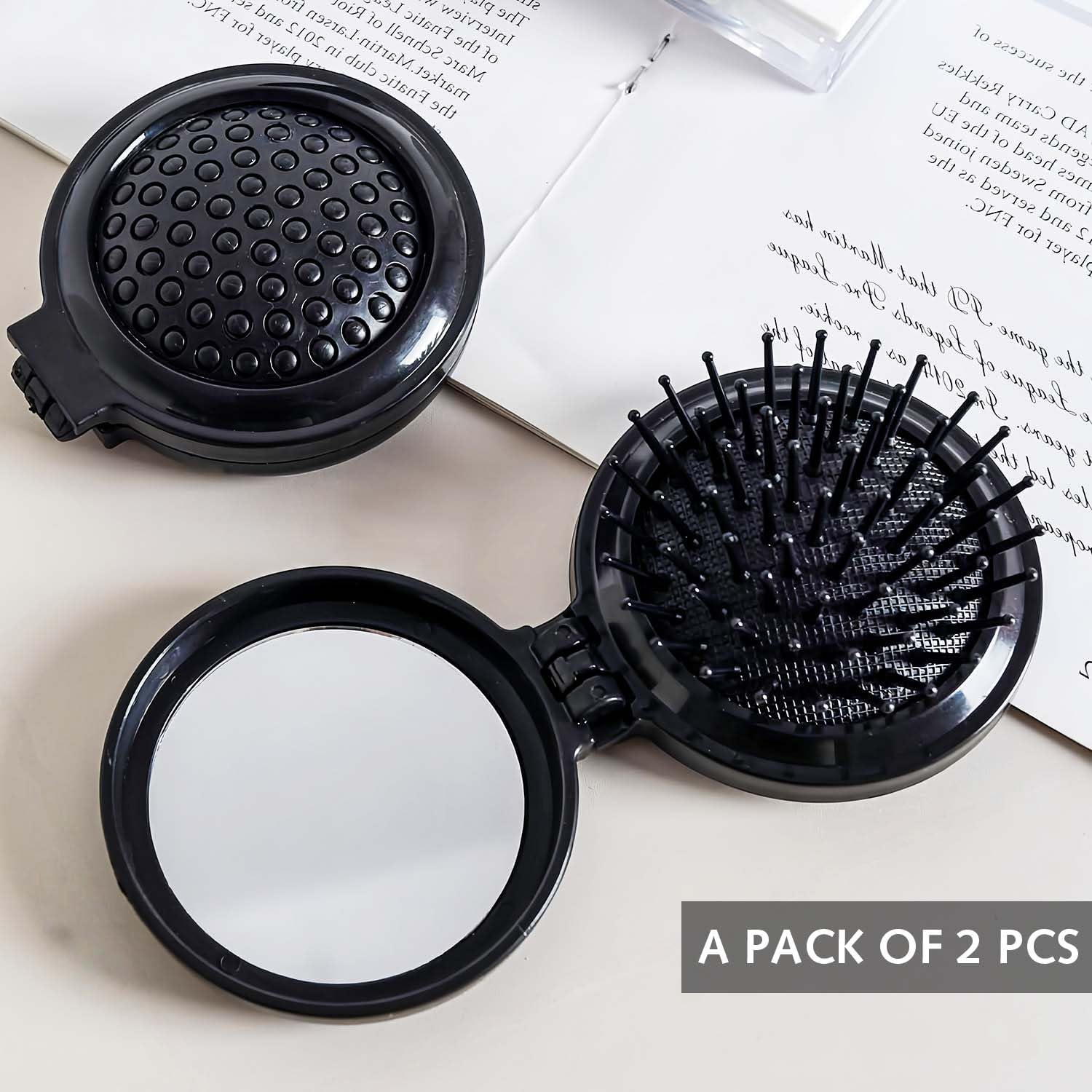 Foldable Hair Brushes with Mirror, Mini round Foldable Hair Brush, Travel Brush, Small Hair Brush, Compact Travel Size Hair Massage Comb for Men, Women and Girls, Pack of 2