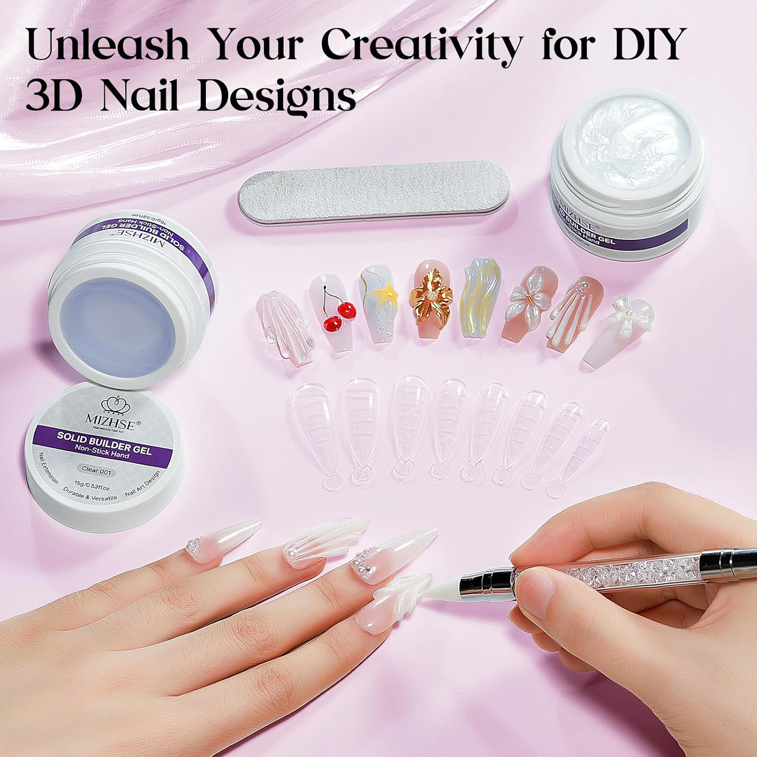 MIZHSE Solid Nail Builder Gel - Clear & Pearl White, 3D Nail Artgel, Non-Sticky Hard Gel for Sculpting, with Dual Form Silicone Pen for Carving & Decoration, Home DIY Manicure image number 5