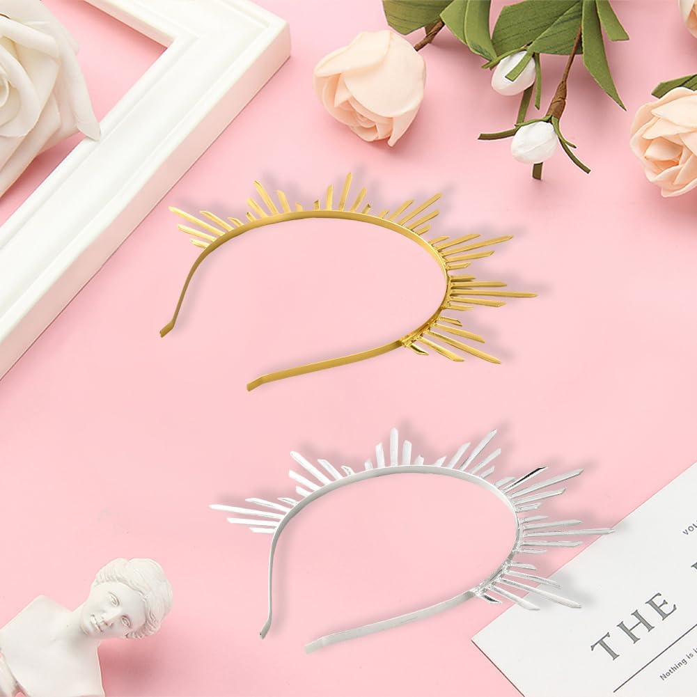 CABODYALS 2Pcs Gold Silver Sun Goddess Halo Crown Renfaire Sunburst Zip Tie Spikes Angel Celestial Headband Renaissance Cosplay Costume Headpiece Hair Bands for Women Wedding Halloween Dance Accessory