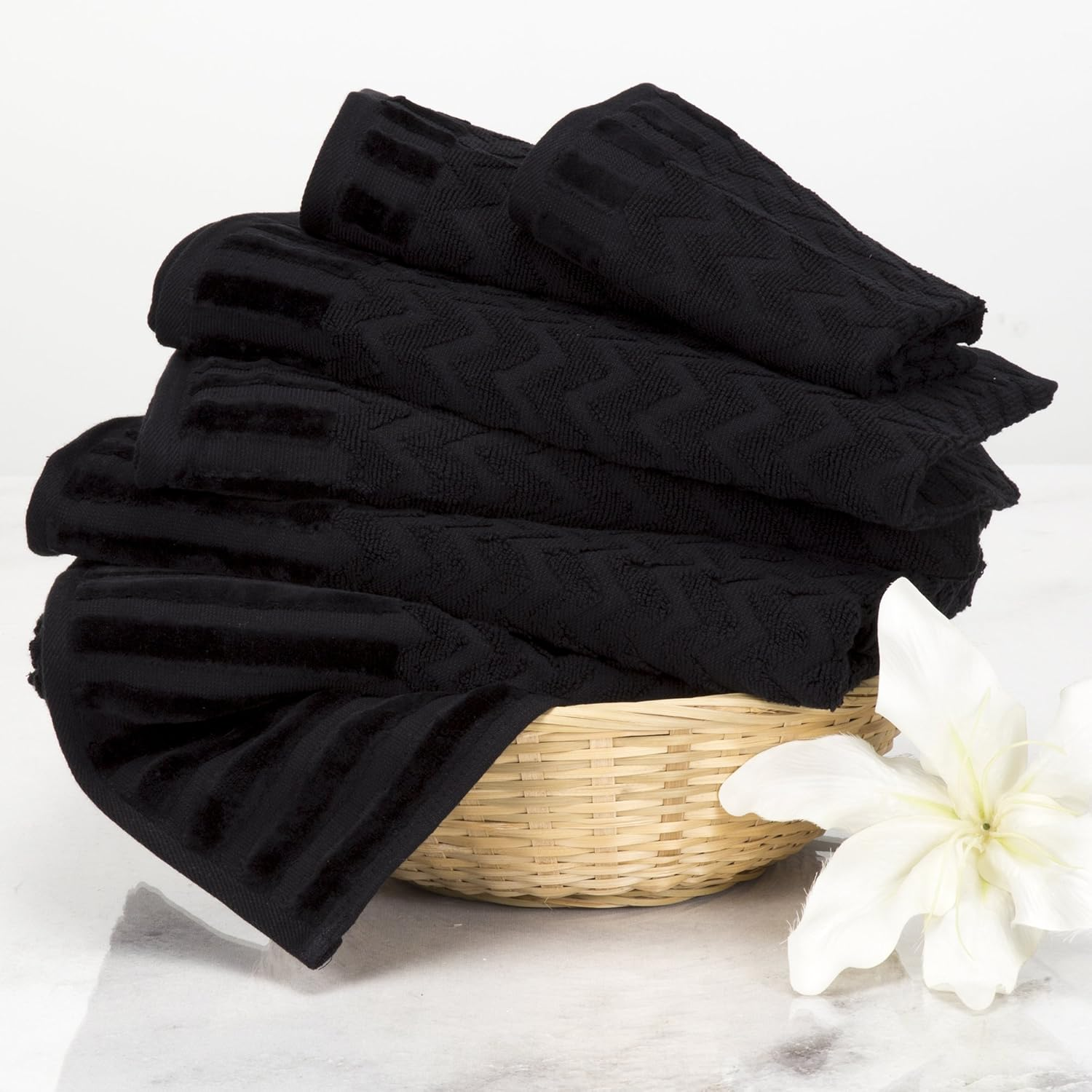 Lavish Home 6-Piece Cotton Deluxe Plush Bath Towel Set &ndash; Chevron Patterned Plush Sculpted Spa Luxury Decorative Body, Hand and Face Towels (Black), 27"X54"X0.25" image number 2
