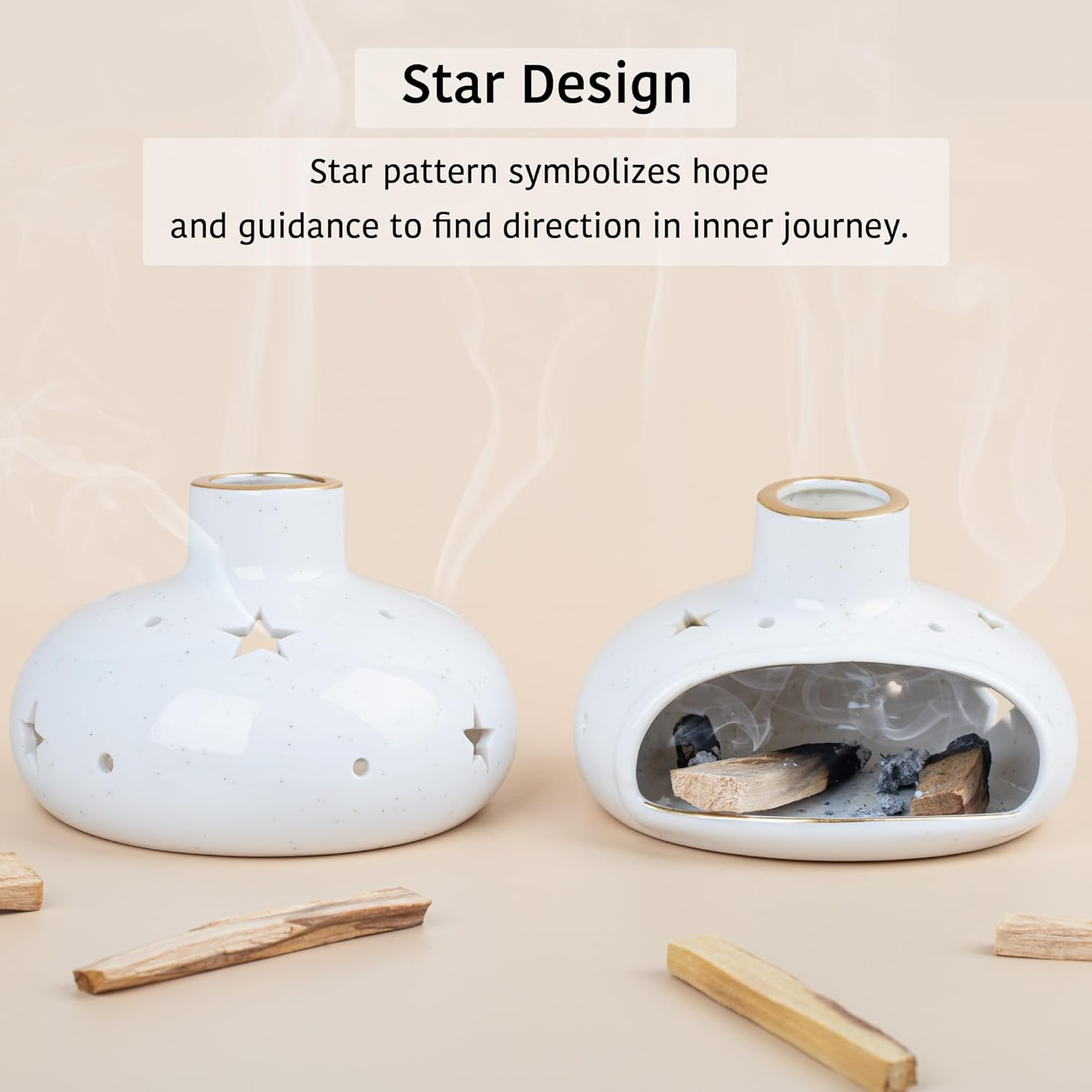 Zenbless 3 in 1 Incense Holder for Palo Santo Sticks Sage Bundles Cone Incense, Handcrafted Ceramic Incense Burner Holder Ash Catcher with Chimney, Smudge Bowl for Yoga Meditation Room Home Decor image number 2