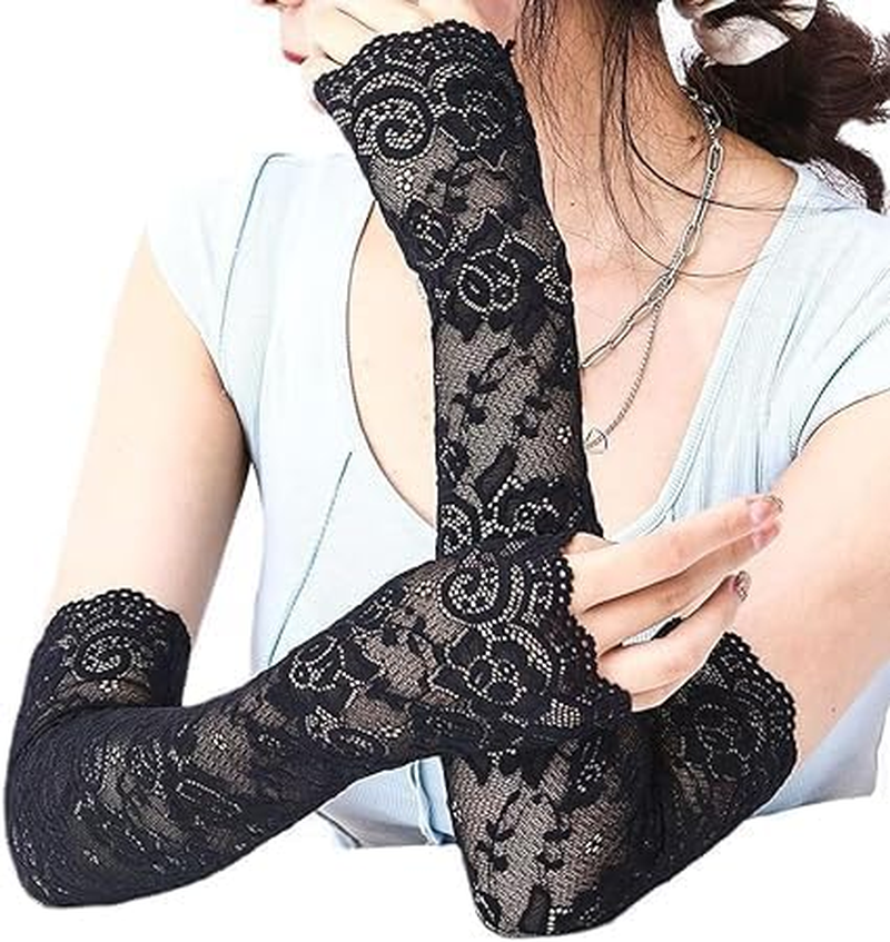 Long Fingerless Lace Sun Arm Sleeve Gloves 2Pcs UV Protection Summer Sunscreen Bridal Evening Party Driving Cover image number 2