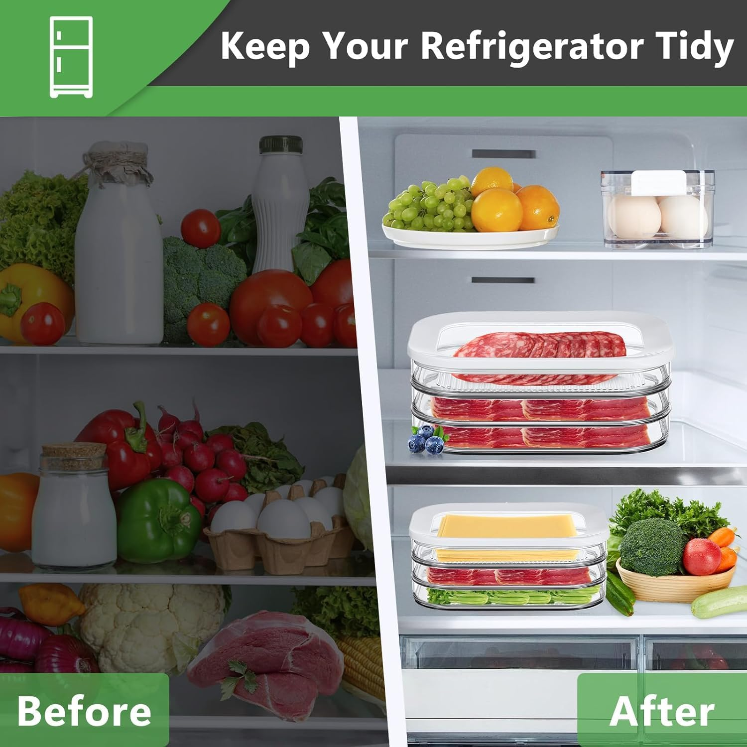 Deli Meat Container for Fridge, Stackable Bacon Cheese Container for Refrigerator, Food Storage Boxes with Lid for Cold Cuts, Lunch Meat, Salami, Meal Prep Containers, BPA Free