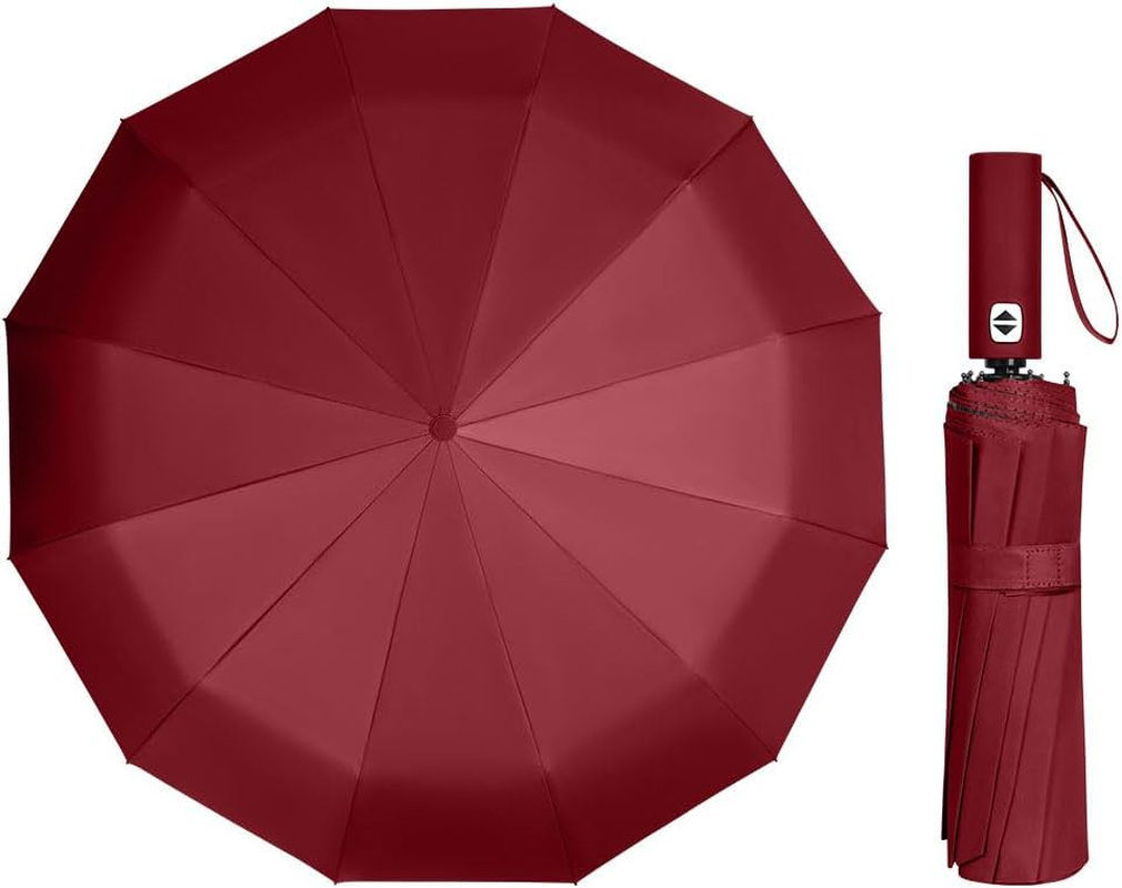 Strong Windproof Automatic Umbrellas, 24 Strong Ribs Umbrella, 99% UV Protection, One Button Auto Open and Close, Compact Travel Umbrella, Portable Folding Umbrella for Men and Women - Wine Red image number 2