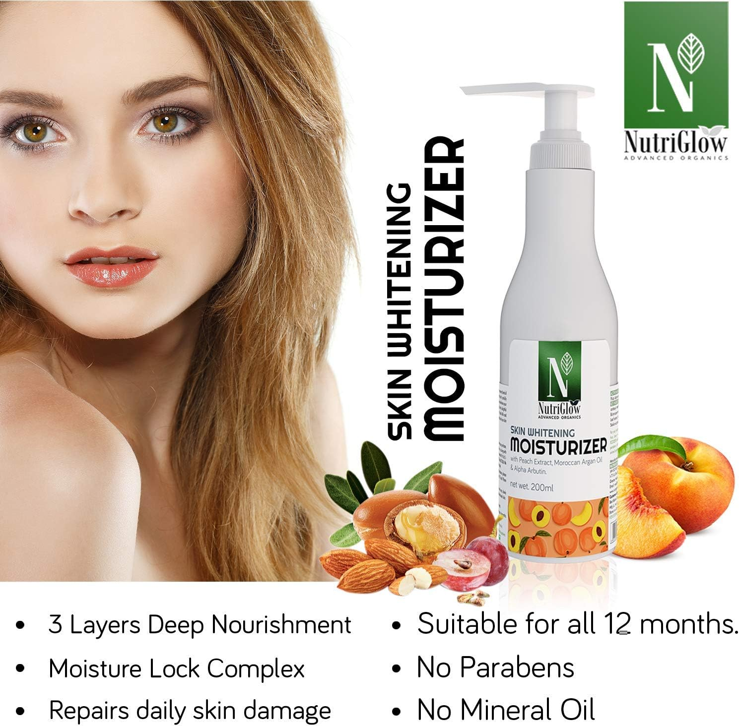 Nutriglow Advanced Organics Skin Whitening Moisturizer for Deeply Nourishing, Hydrating and Tan Free Skin with Broad Spectrum SPF 15, All Skin Types, No Sulphate, 200 Ml