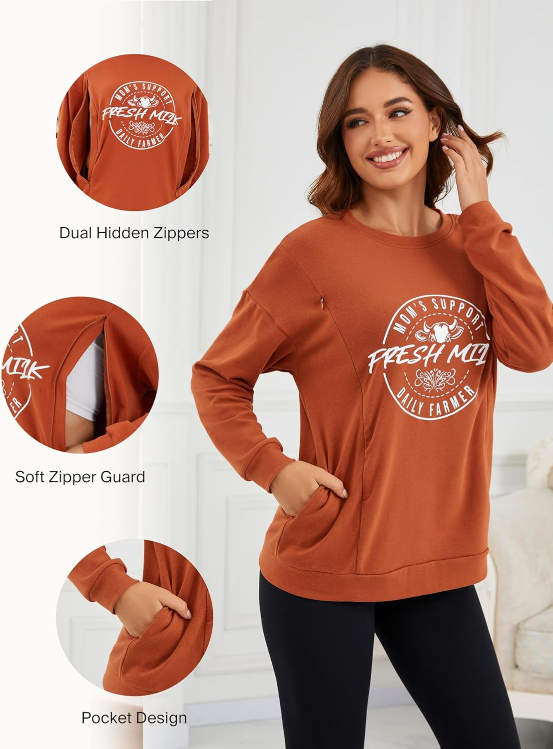 Liu & Qu Women'S Oversized Maternity Nursing Sweatshirt with Hidden Zippers Pullover Long Sleeve Breastfeeding Shirts image number 7