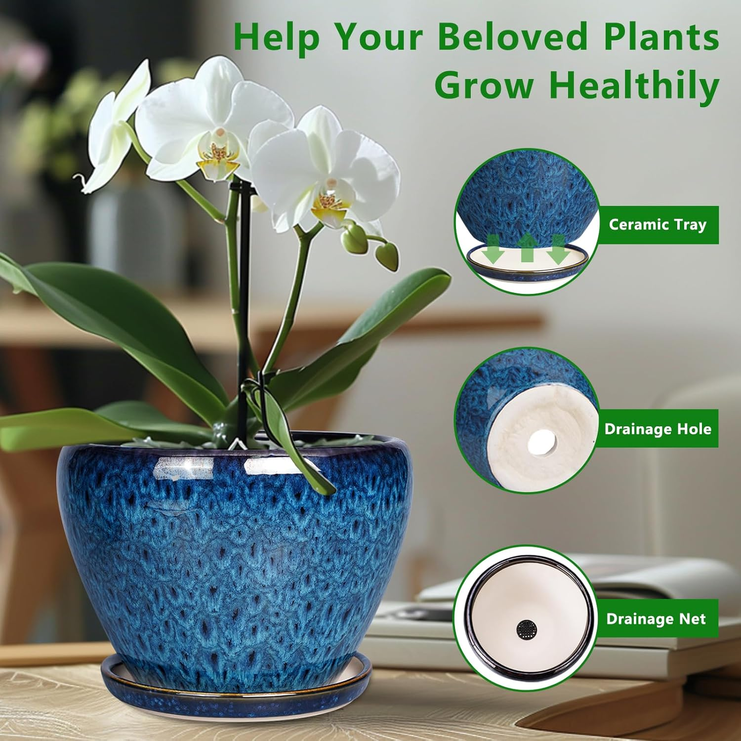 10 Inch Ceramic Planter Pot, Ceramic Plant Pot for Indoor Outdoor Plants, Large Flower Pot with Drainage Hole and Saucer, Blue image number 4