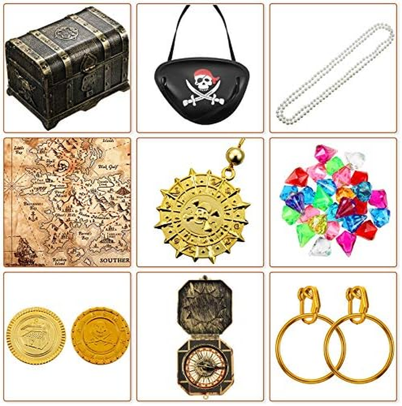89 Pieces Pirate Treasure Chest Toy Kit Vintage Pirate Treasure Chest Pirate Eye Patch Gold Earrings Gold Coin Gems Plastic Toy Compass Pirate Map for Cosplay Themed Party Favors (Creative Style)