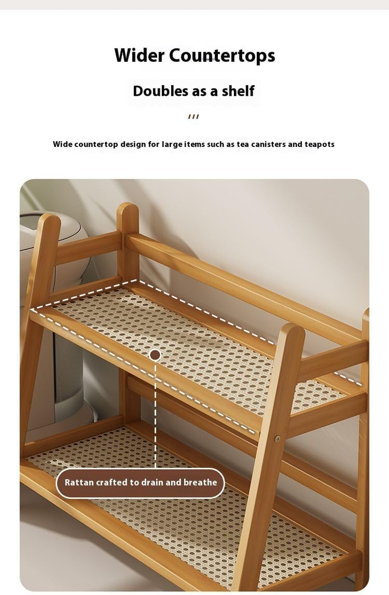 Wicker Look Coffee Station Organizer, Bamboo Mug Holder Countertop, Kitchen Counter Shelf for Tea Coffee Bar Accessories, Matcha Stand, Cup Display, Condiment Storage Rack, 2 Tier - Wooden Color image number 4