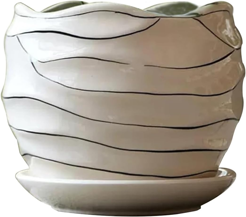 3-Piece Set. Large, Medium, and Small. Ceramic Striped Flower Pots. Home Plant Decoration. Elegant Ceramic Flower Pots. image number 2