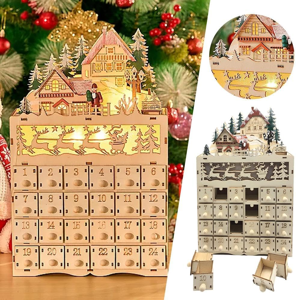 24-Day Christmas Countdown Calendar Decoration,Led Holiday Decoration,Wooden Christmas Advent Calendar,Wooden Calendar Decoration with 24 Storage Drawers for Home Christmas Party image number 3