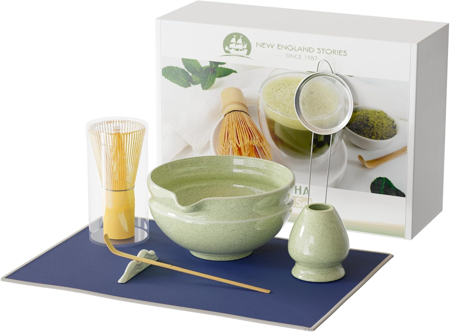 7 Pcs Matcha Whisk Set, Perfect Matcha Kit for Matcha Lovers Includes Ceramic Bowl, Bamboo Whisk, Holder, Scoop, Sifter & Cloth