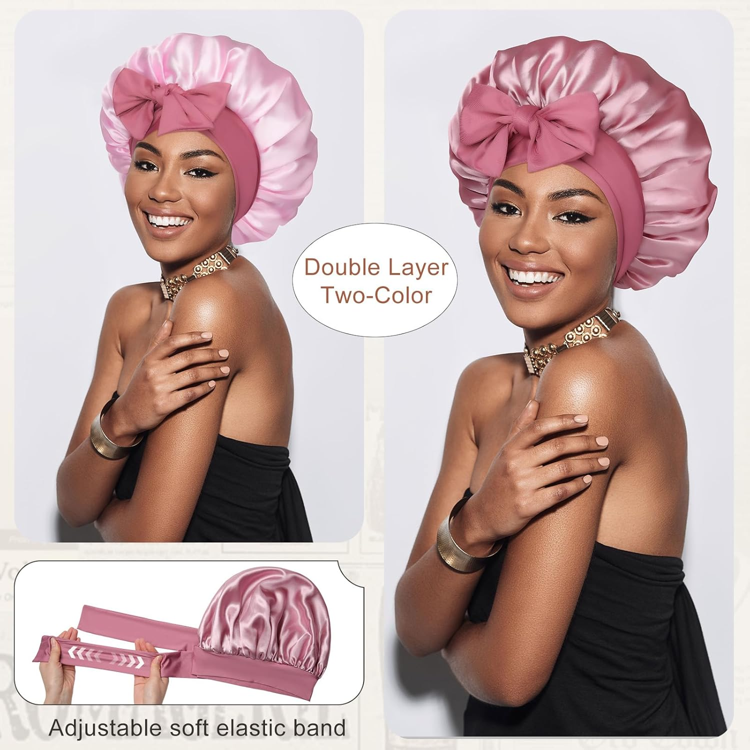 Satin Bonnet Silk Bonnet for Sleeping Silk Sleep Cap Double Layer Hair Bonnet with Elastic Tie Band for Curly Hair Night Cap (Bean Paste + Pink) image number 6
