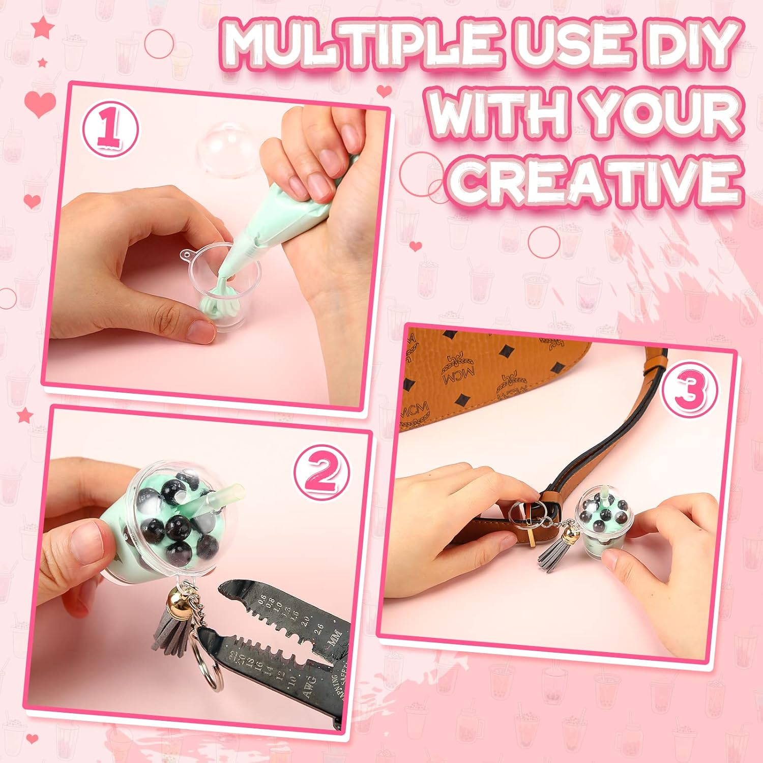 Cunno 348 Pcs Mini Milky Tea Keychain Accessories Bubble Tea Cream Glue Casting Includes 16 Keychain Rings, 16 Mini Cup Pendant Charm with 16 Tassels, 300 Bubble Beads for DIY Crafts image number 1