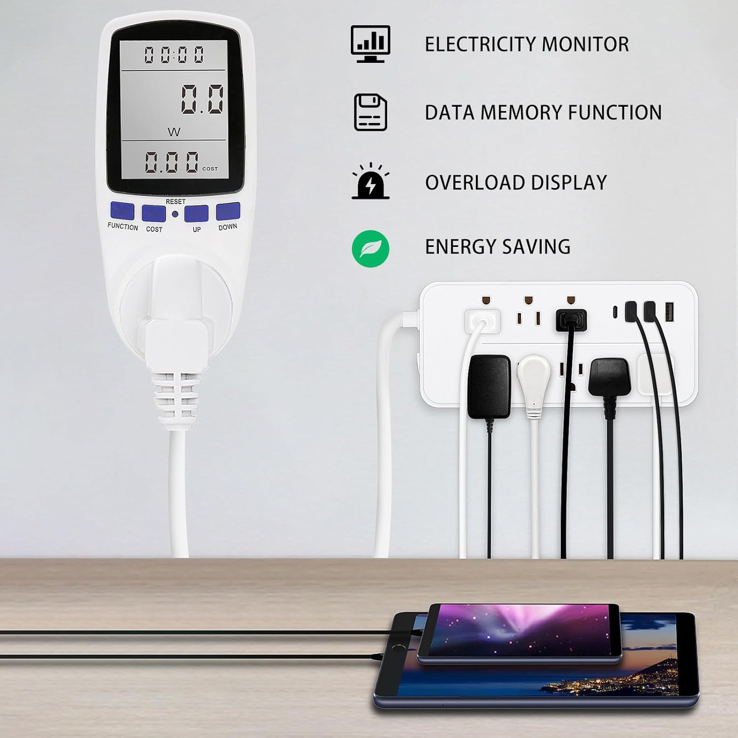 240V Electricity Usage Monitor Plug Power Watt Voltage Amps Meter with Backlight Digital LCD Display, Overload Protection and 7 Display Modes for Energy Saving, AU Plug image number 3