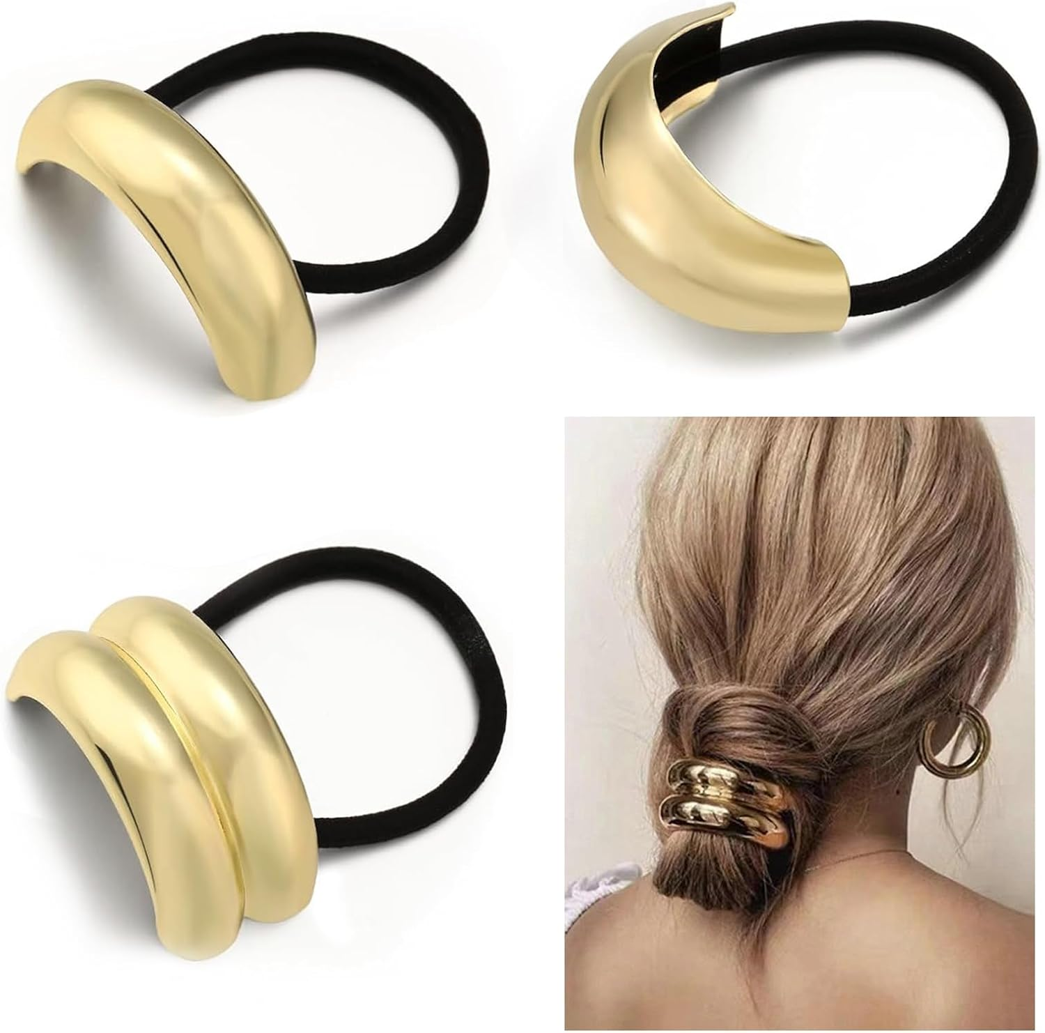3 PCS Metal Hair Ties Set, Gold Ponytail Cuffs with Geometric Design, Durable & Elegant Gold Hair Accessories, Glossy Arch Elastic Hair Ties for Women (Gold) image number 1