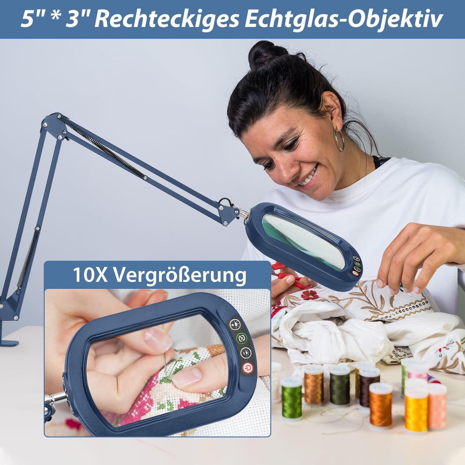 Veemagni 10 X Real Glass Rectangular Magnifying Glass with Light and Clamp, Reading Magnifier, 5 Colour Modes, Continuous Dimming, 2 X 16 Inch Large Swivel Arm LED Magnifying Lamp, Hands-Free Table image number 4